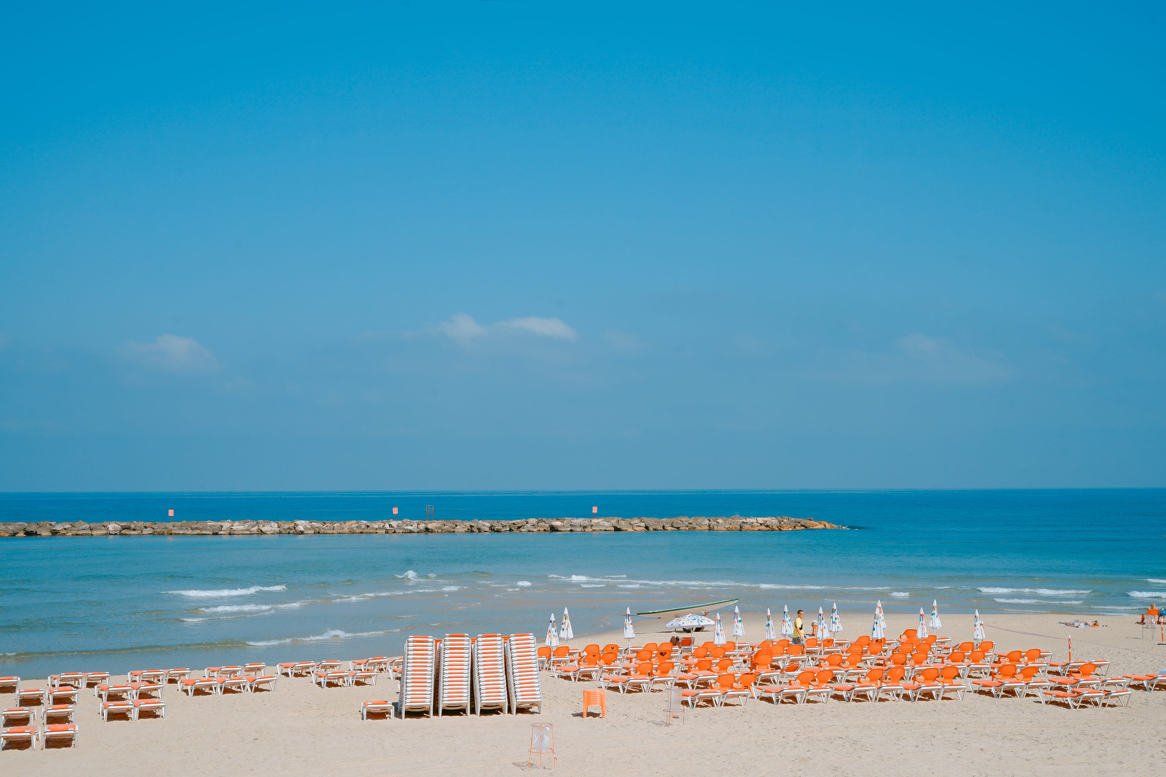 tranquil scene, summer vibe, benches, near, chiar, cloud - sky, sandy beach, no people, jerusalem beach, outdoors, blue, empty, water, 4K, tranquility, HD Wallpaper