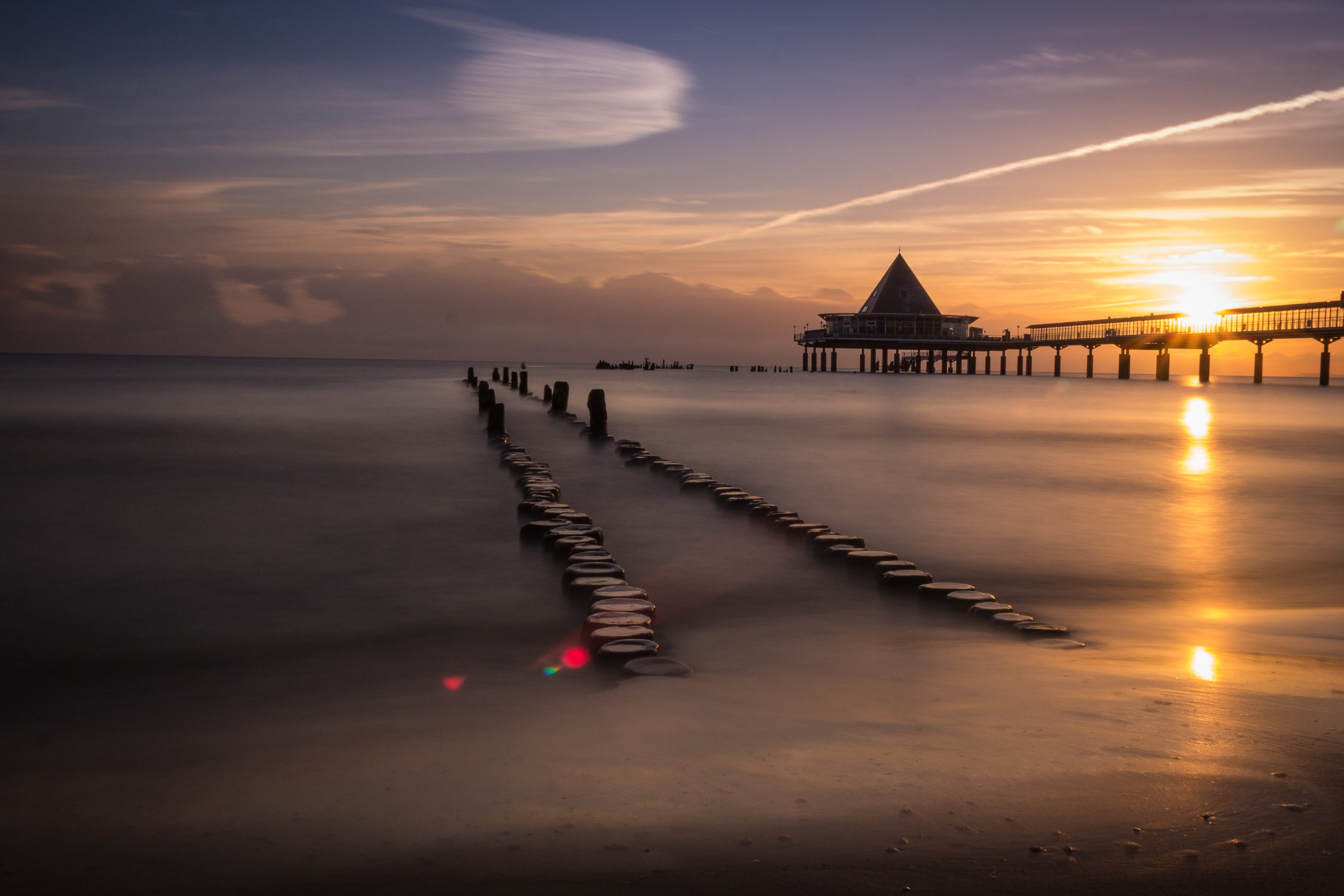atmospheric, nature, Sea, baltic sea, tranquility, sea bridge, built structure, island of usedom, Bridge, orange color, sunset, sun, tranquil scene, water, HD Wallpaper