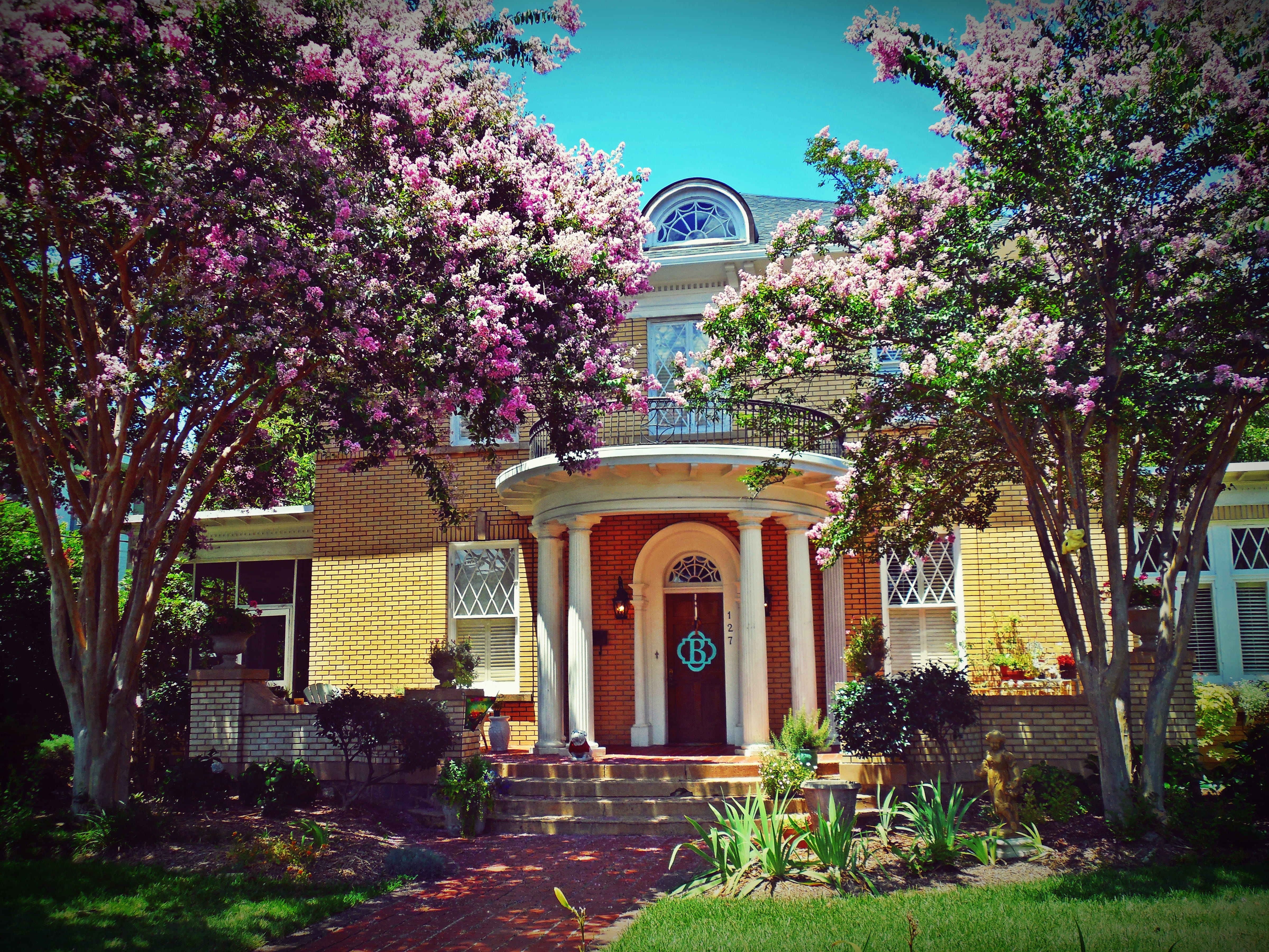 spirituality, pink, outdoors, belief, garden, entrance, door, greenwood, home, built structure, balcony, flowering plant, place of worship, united states, HD Wallpaper