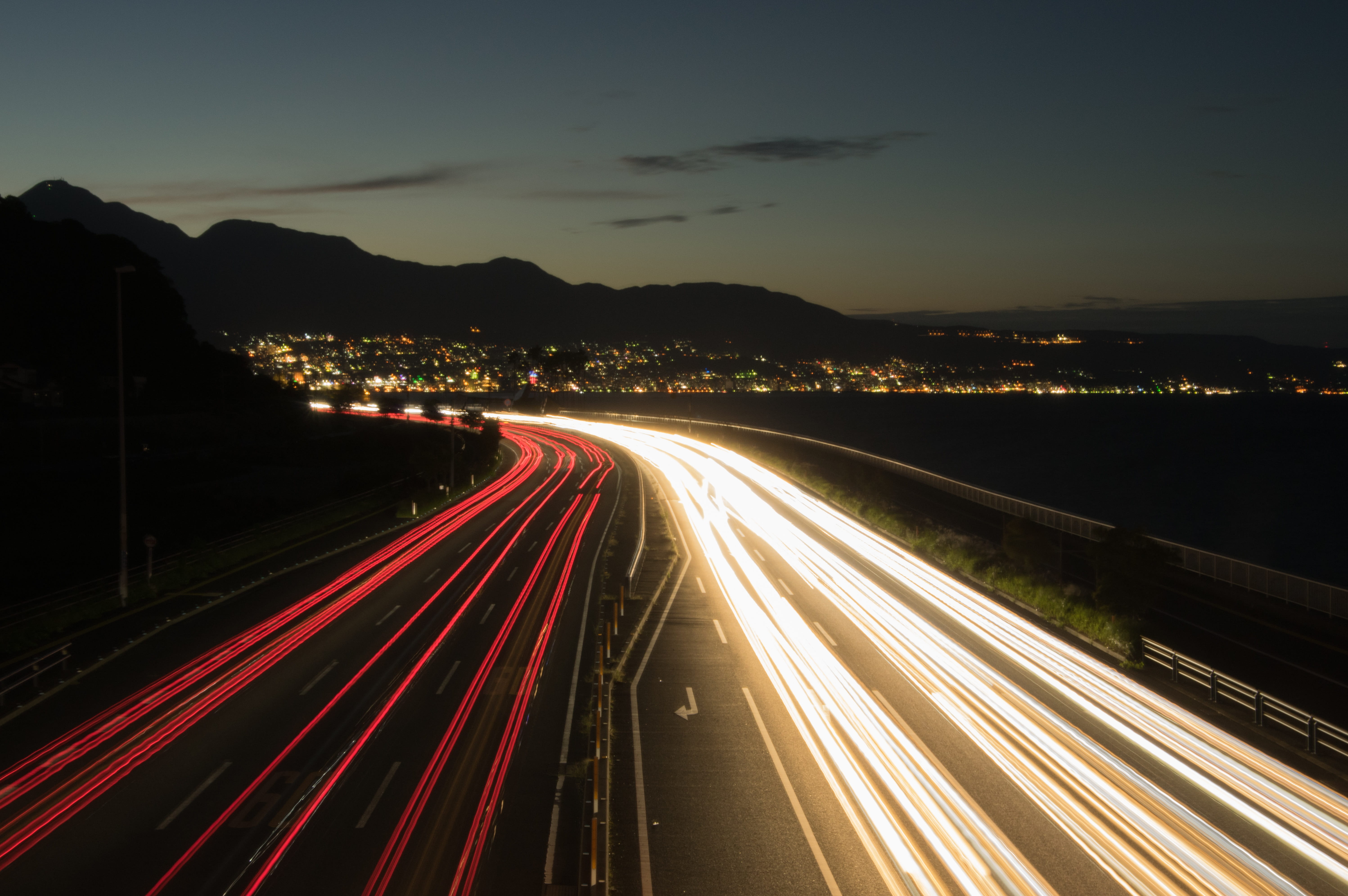 japan, night route, dusk, traffic, the way forward, city, cityscape, travel, sky, motion, light trail, no people, blurred Motion, another major route, street, HD Wallpaper