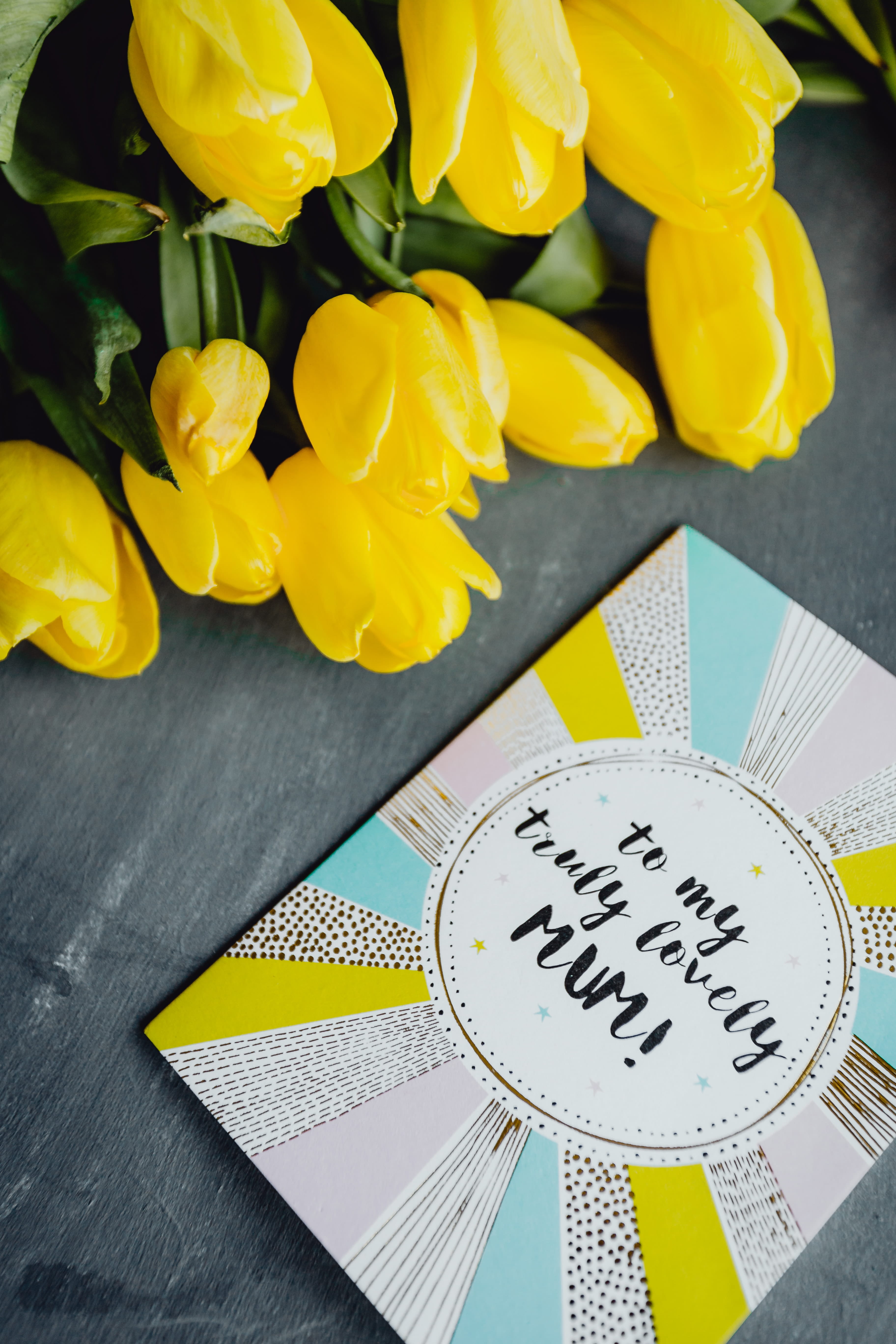 flower head, fragility, thank you, greeting card, mother, yellow, card, high angle view, close-up, love, paper, no people, plant, directly above, tulip, Phone HD Wallpaper