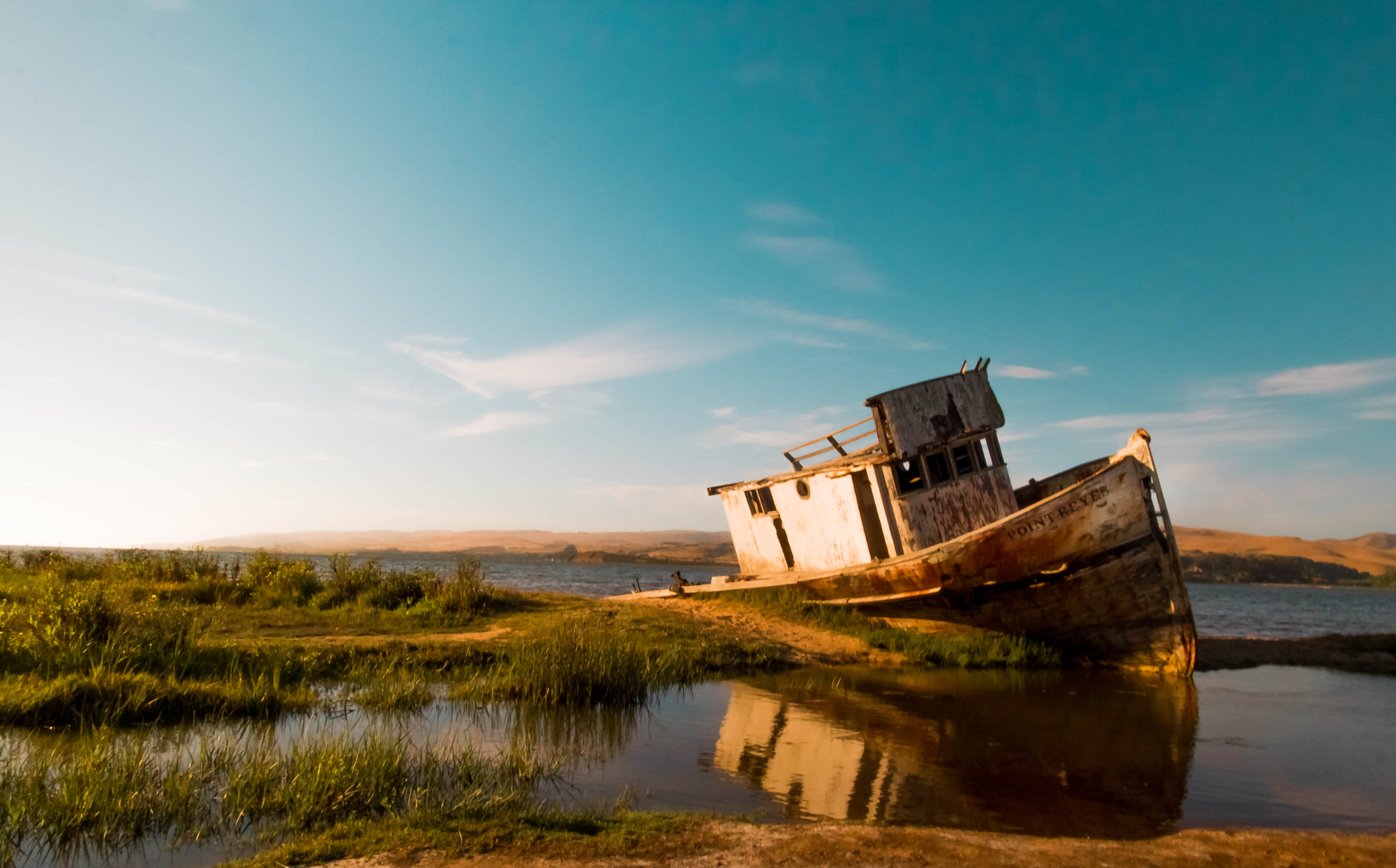 outdoors, shipwreckadge, summer vibe, sky, deterioration, cloud - sky, summer light, ruined, water, landscape, point reyes shipwrecks, land, shack, scenics - nature, HD Wallpaper