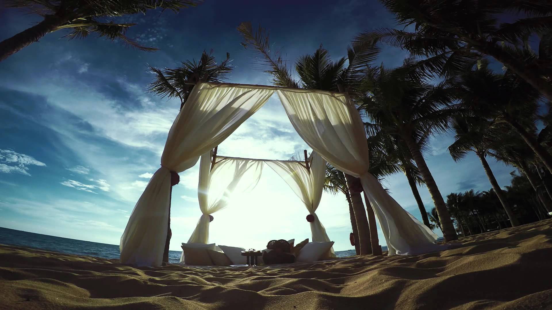 relax, sunlight, tent, tourism, summer, island, scenic, coconut, cloud - sky, palm tree, holiday, tranquility, tree, shelter, vacation, outdoors, tropic, HD Wallpaper
