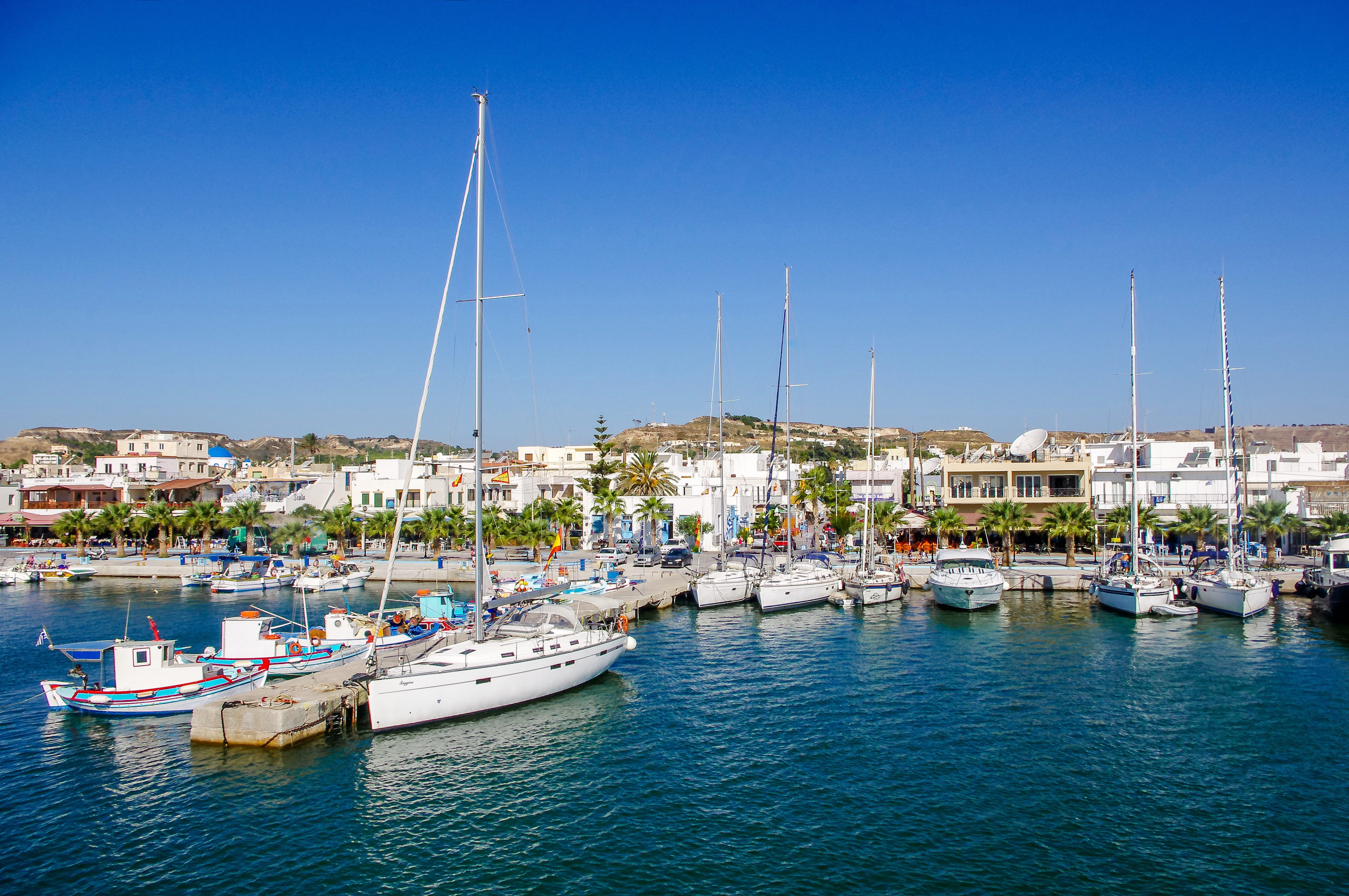 sky, 4K, kos, marina, yachting, mast, shelter, palma, pole, blue, sailboat, sea ​​port, coast, architecture, nature, building exterior, pierce, clear sky, HD Wallpaper