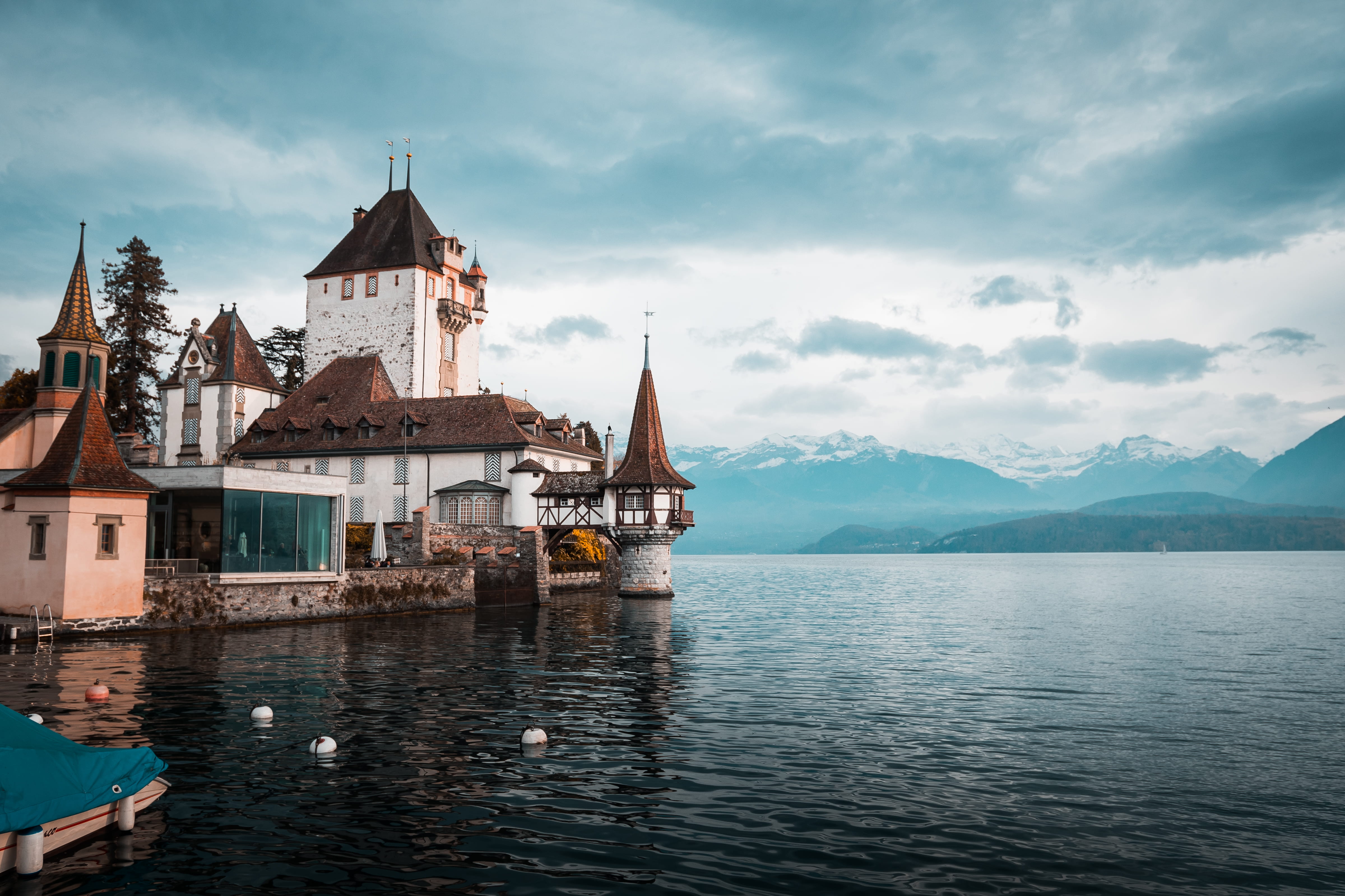 building exterior, building, mountain, switzerland, countryside, 4K, sky, spire, travel destinations, shelter, built structure, religion, rural, body, HD Wallpaper