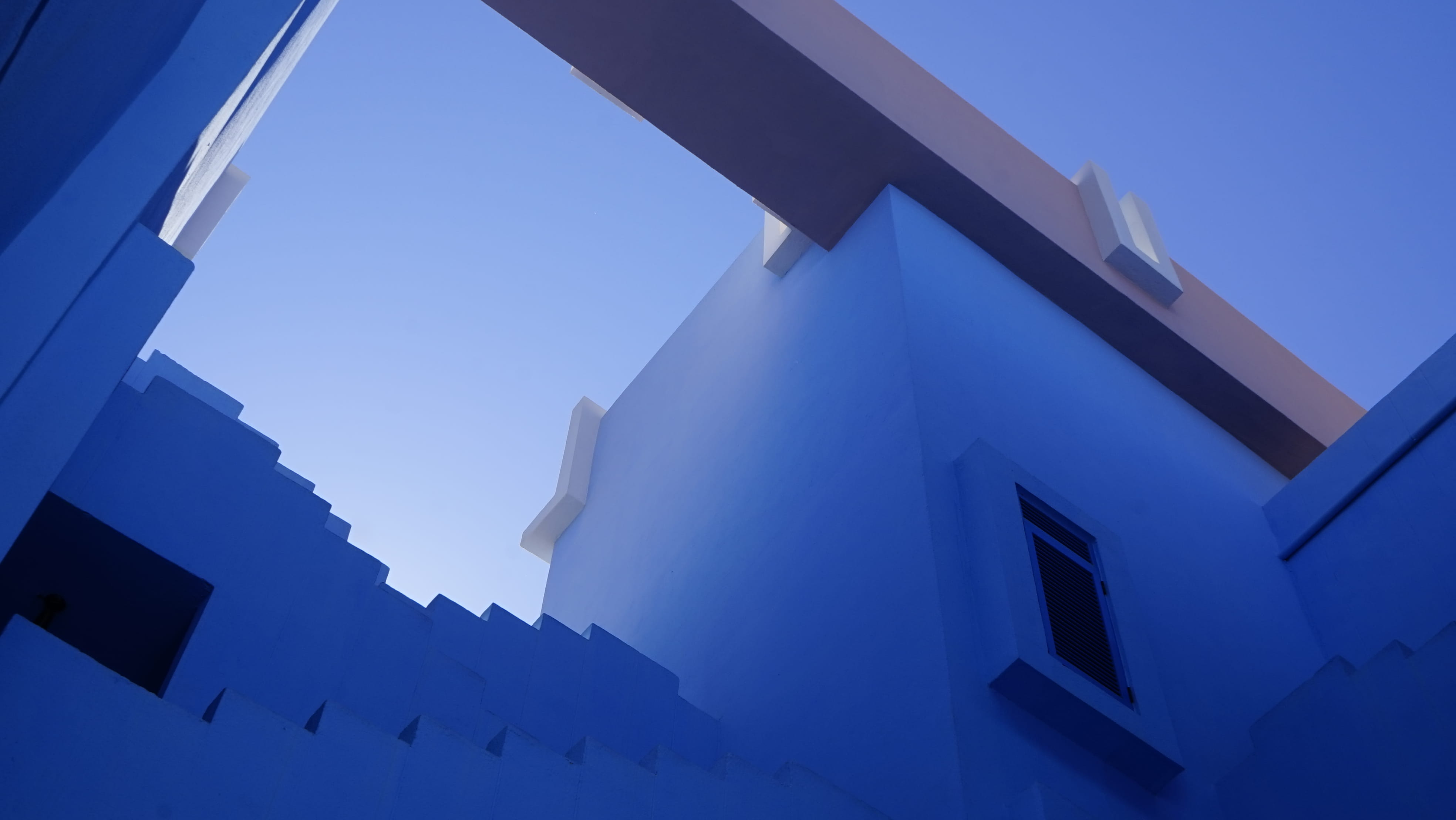 blue, belief, shelter, city, triangle shape, nature, window, building exterior, place of worship, shape, angle, azure sky, sea, airplane, 4K, water, photo, HD Wallpaper