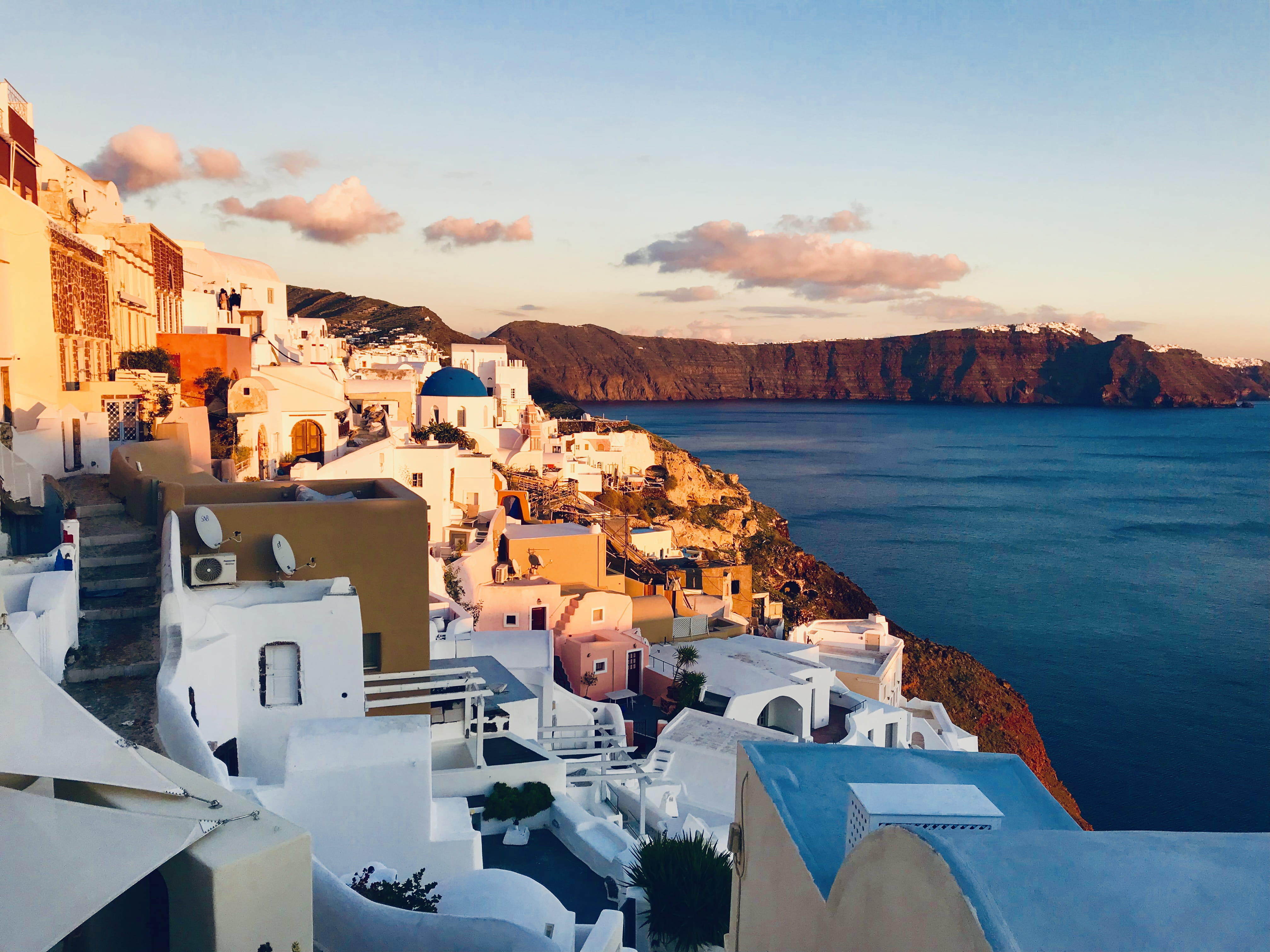 island, santorini, landscape, ocean, mountain, nature, countryside, building, sea, architecture, travel destinations, travel, cloud - sky, residential district, HD Wallpaper