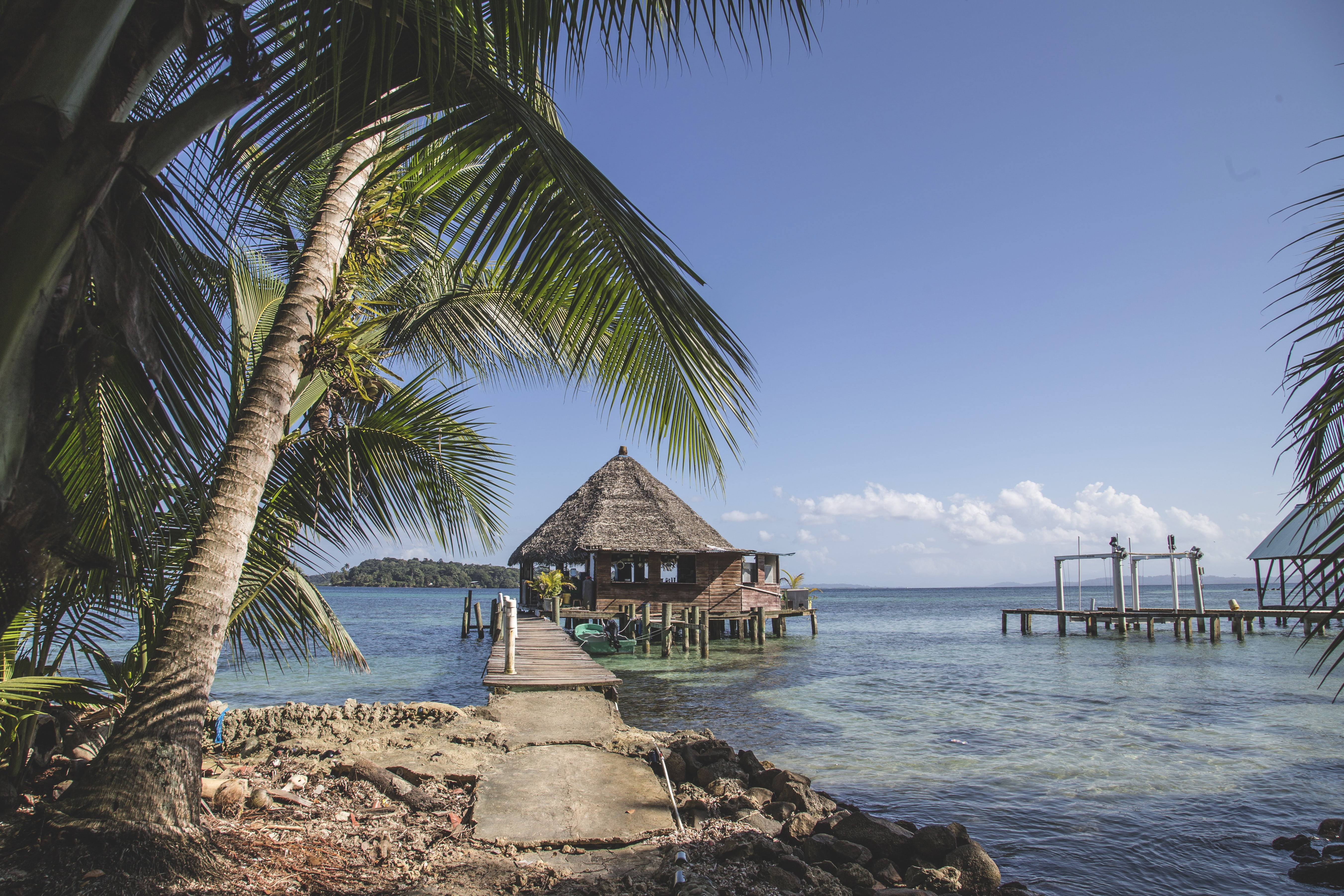 shelter, outdoor, horizon over water, sky, pier, dock, landscape, land, tropical tree, harbor, palm, wooden, ocean, hut, travel, tropical climate, port, HD Wallpaper