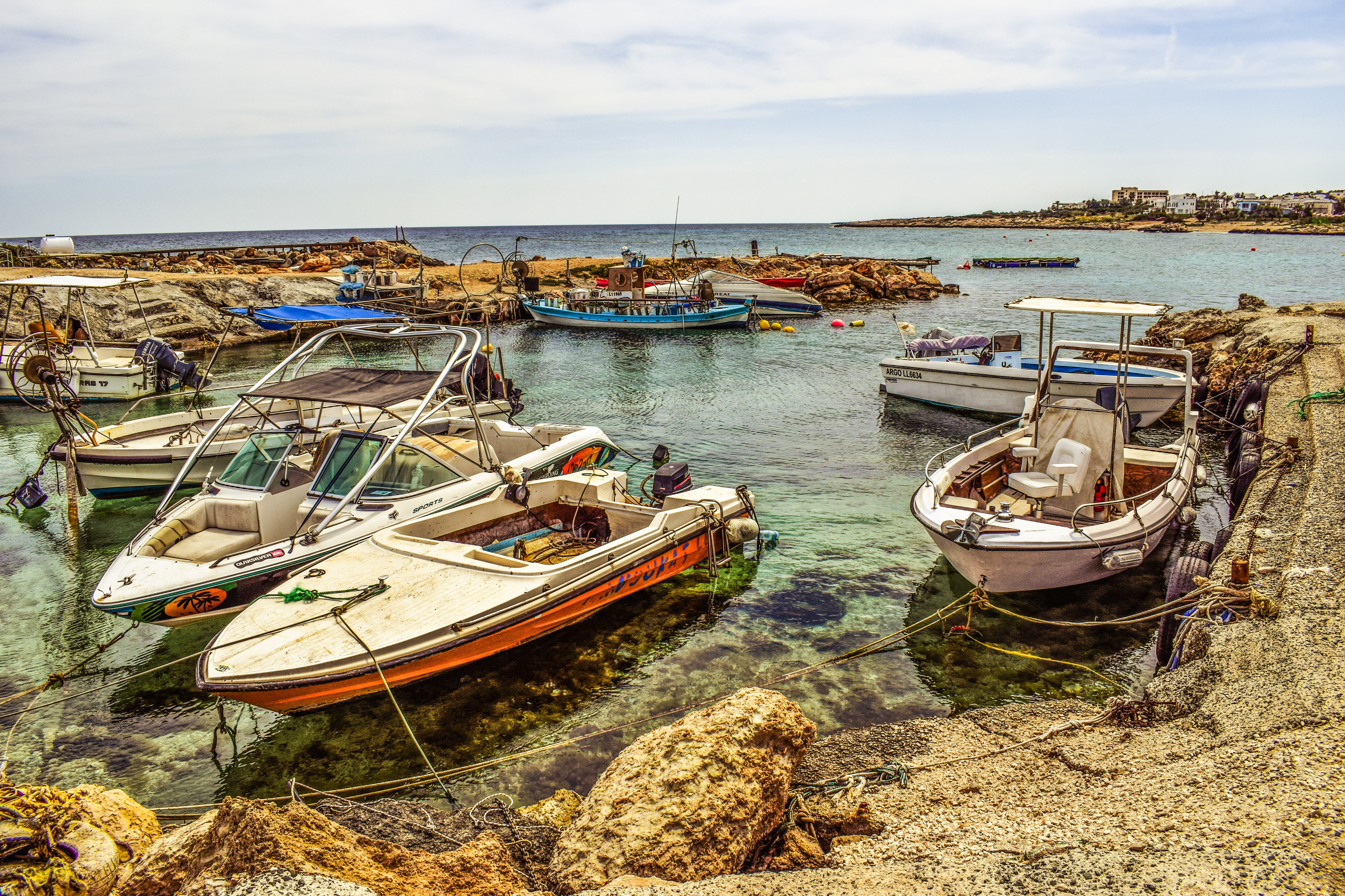 sea, boats, mediterranean, fishing boat, no people, fishing, cyprus, scenery, protaras, horizon over water, fishing shelter, nautical vessel, transportation, HD Wallpaper