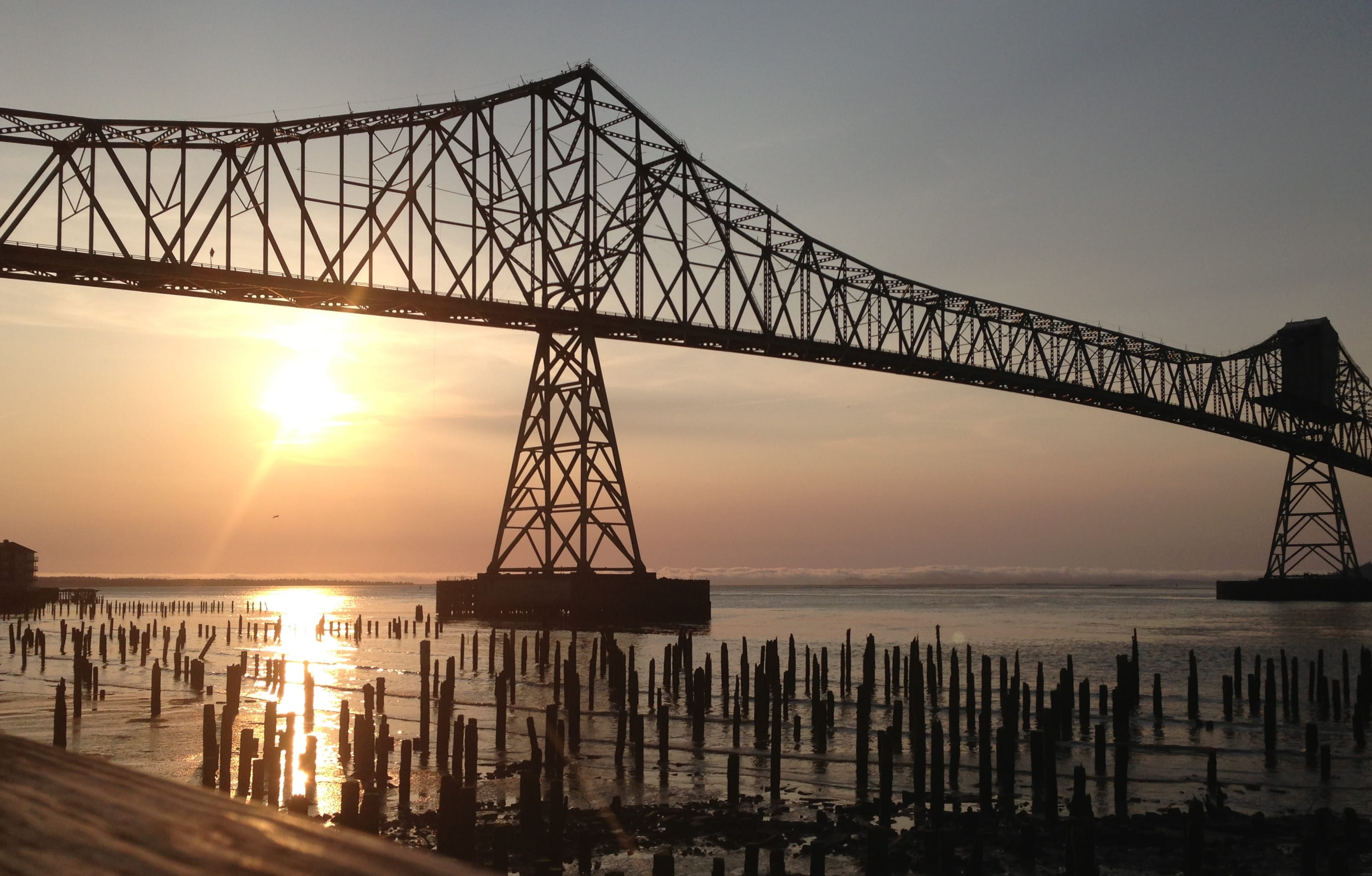 sunset, sun, silhouette, sky, astoria, coastal city, engineering, architecture, 2K, transportation, bridge, water, pier, sea, beauty in nature, bridge - man made structure, HD Wallpaper