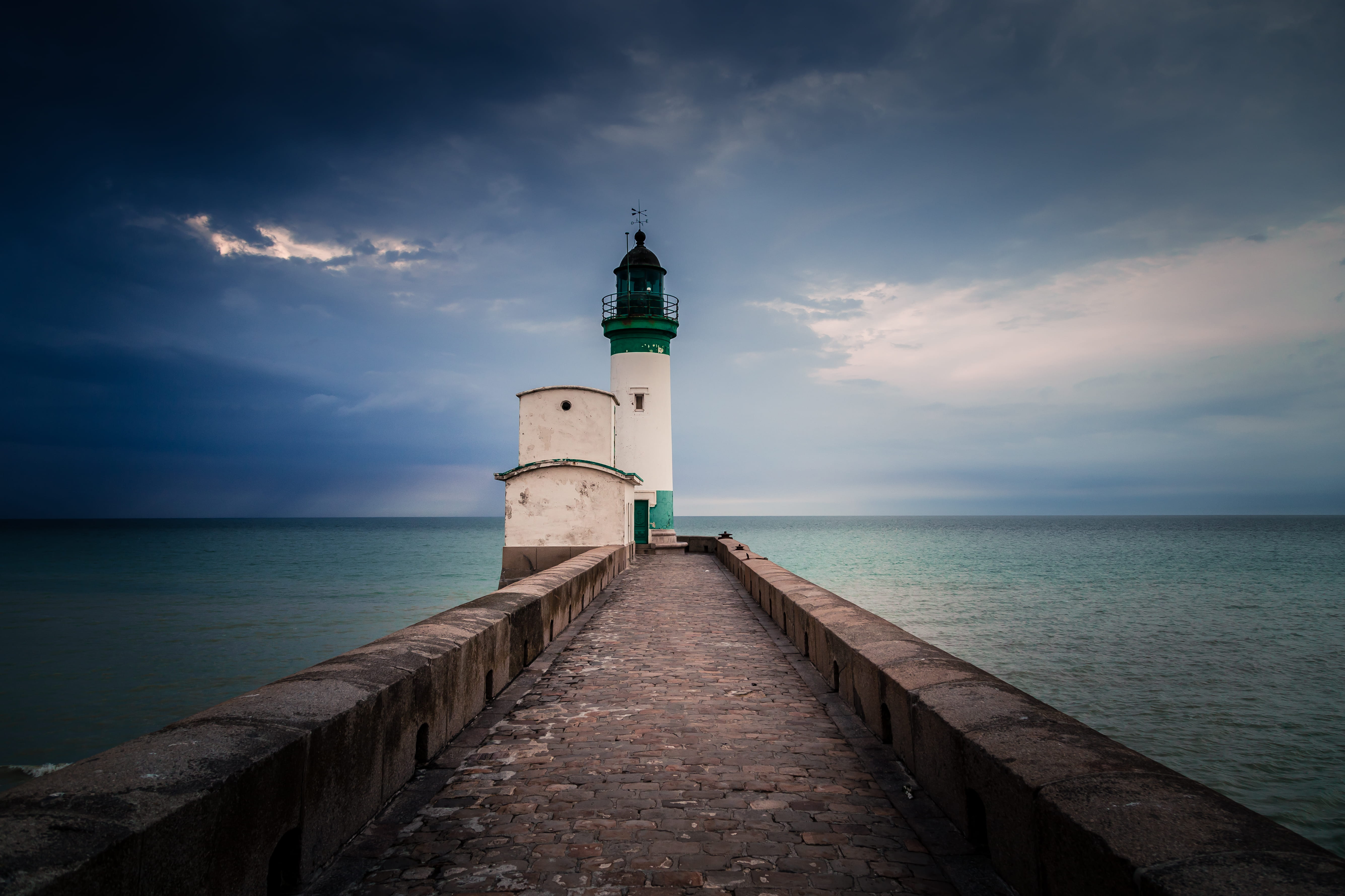 pier, shoreline, light, architecture, tourism, shore, seascape, tower, cloud, nature, no People, wave, overcast, dusk, vignette, stone, waters Edge, storm, HD Wallpaper