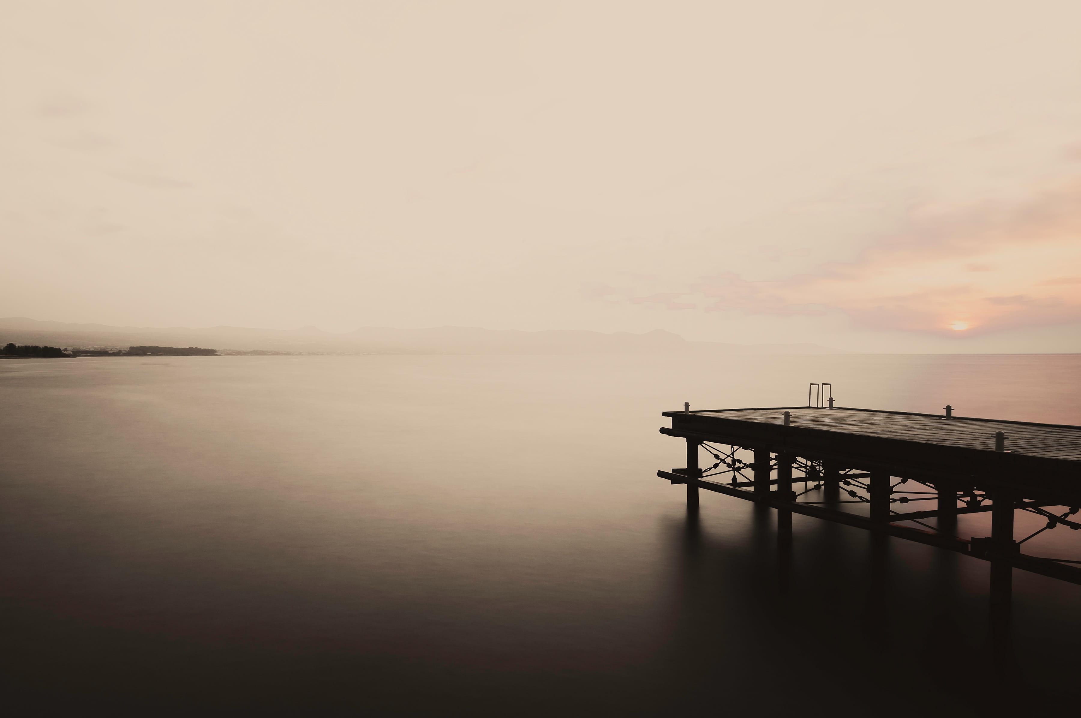 tranquility, waterscape, built structure, idyllic, marine, dock, dusk, coast, Sea, beauty in nature, tone, blurred, scenics, scenics - nature, coastline, HD Wallpaper