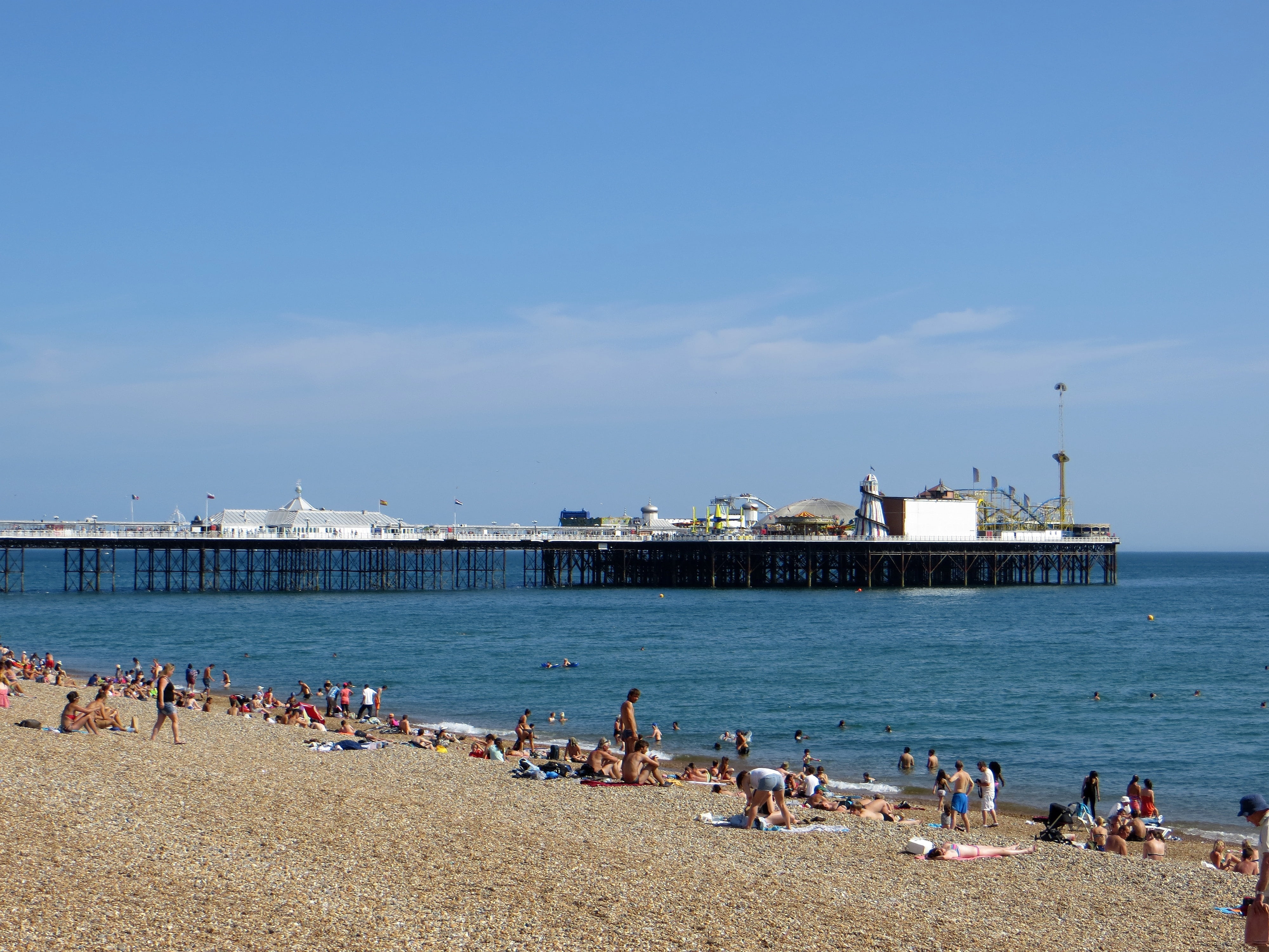 summer, historical, sea, europe, sussex, landscape, pier, view, group of people, uk, built structure, outdoors, travel, tourist, crowd, landmark, structure, HD Wallpaper