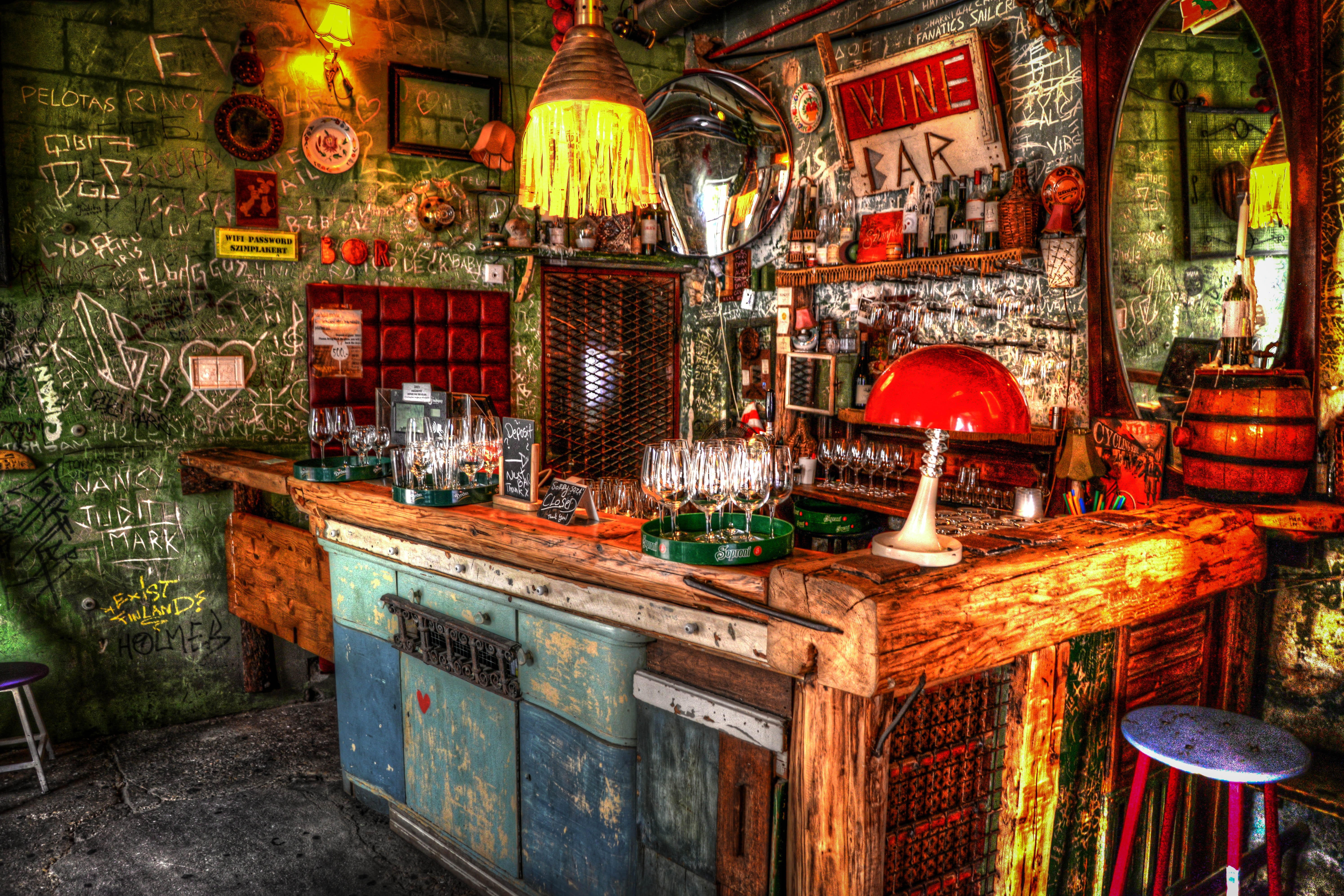 town, bar - drink establishment, lighting equipment, business, bar, built structure, illuminated, seat, 5K, painting, budapest, ruin, counter, cafe, decoration, HD Wallpaper