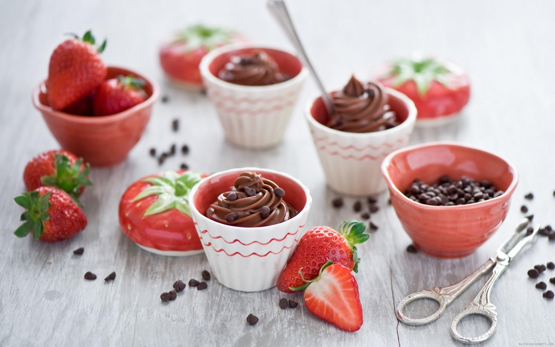 strawberries, cupcakes, food, strawberry, cup, chocolate, 1080P, cupcake, HD Wallpaper