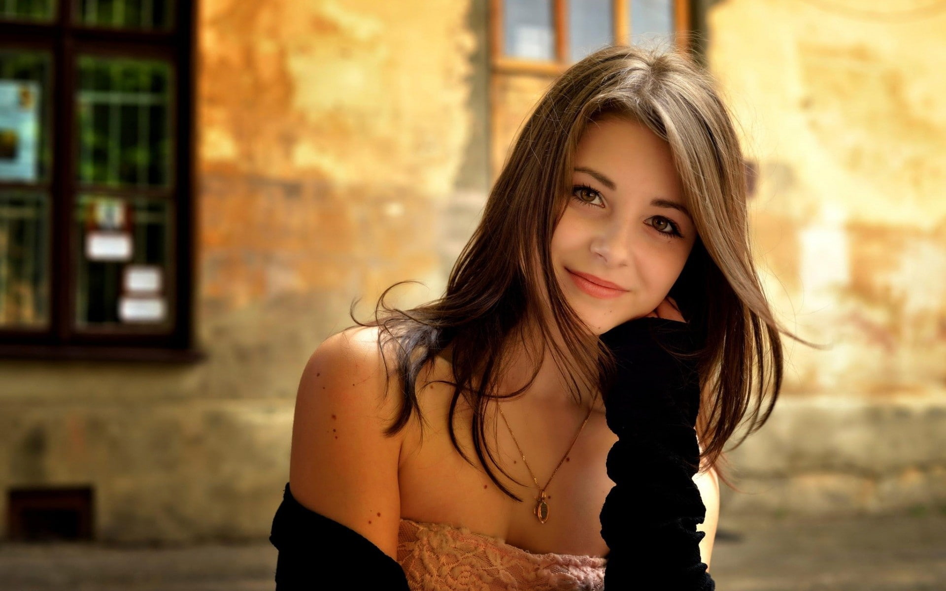 looking away, smiling, women outdoors, looking at viewer, 1080P, hair, long hair, red lipstick, Dana Kareglazaya, women, brown eyes, model, bare shoulders, HD Wallpaper