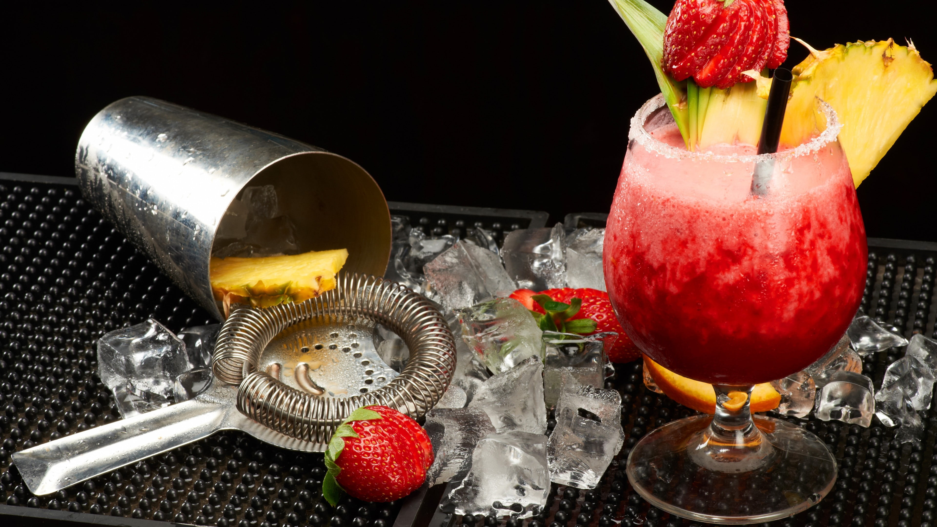 ice, strawberries, clear, shake, mango, wine, stem, cocktails, strawberry, 4K, orange, filled, shaker, glass, short, pineapple, HD Wallpaper