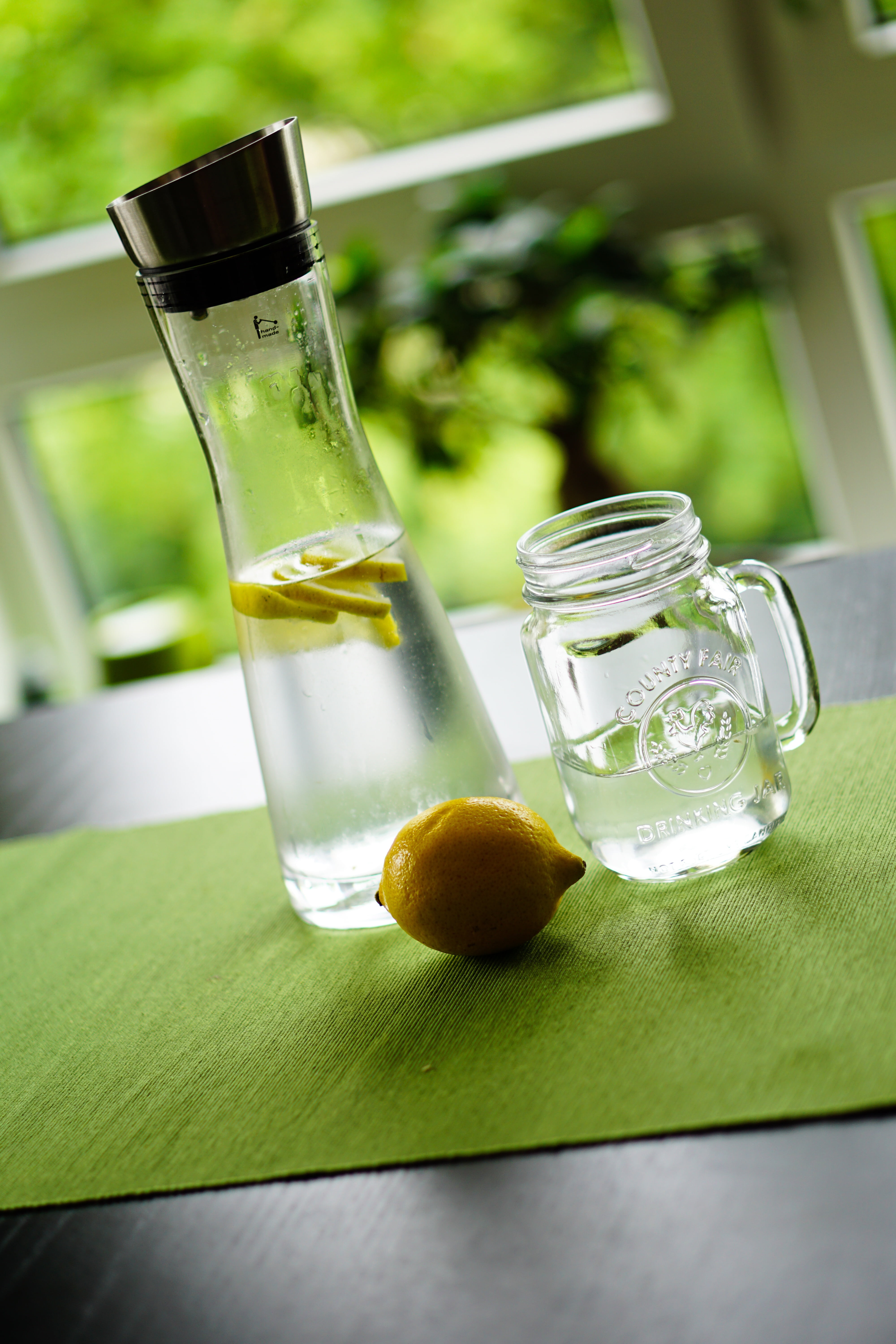 carafe, tray, pitcher - jug, detox, glass carafe, drink, thirst, heat, glass, citrus fruit, table, immersion, transparent, healthy eating, food and drink, Phone HD Wallpaper