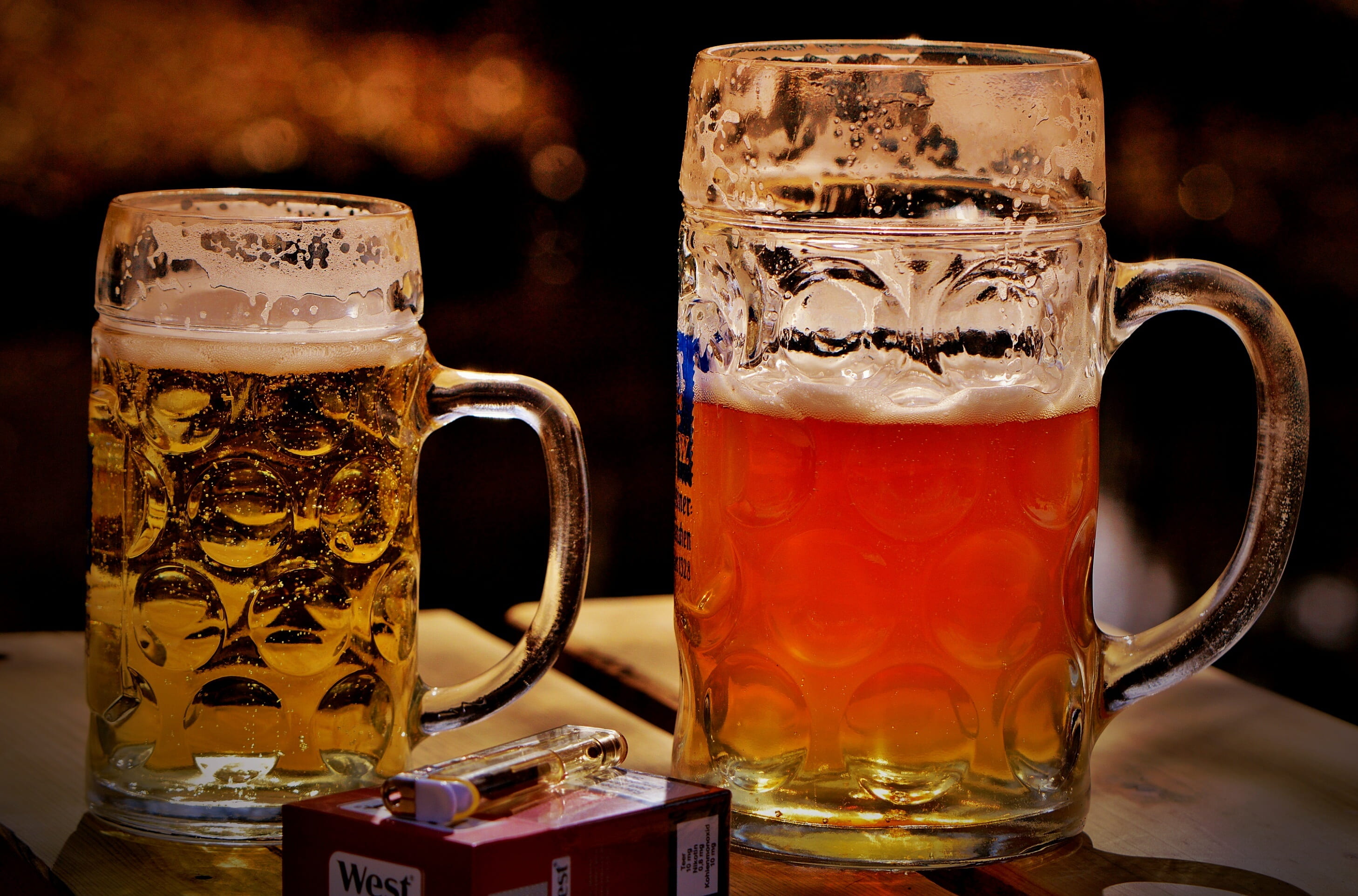 thirst quencher, cold temperature, glass mug, drink, glass - material, frothy drink, mugs, pint glass, two, lager, glass, pitcher - jug, indoors, alcohol, HD Wallpaper