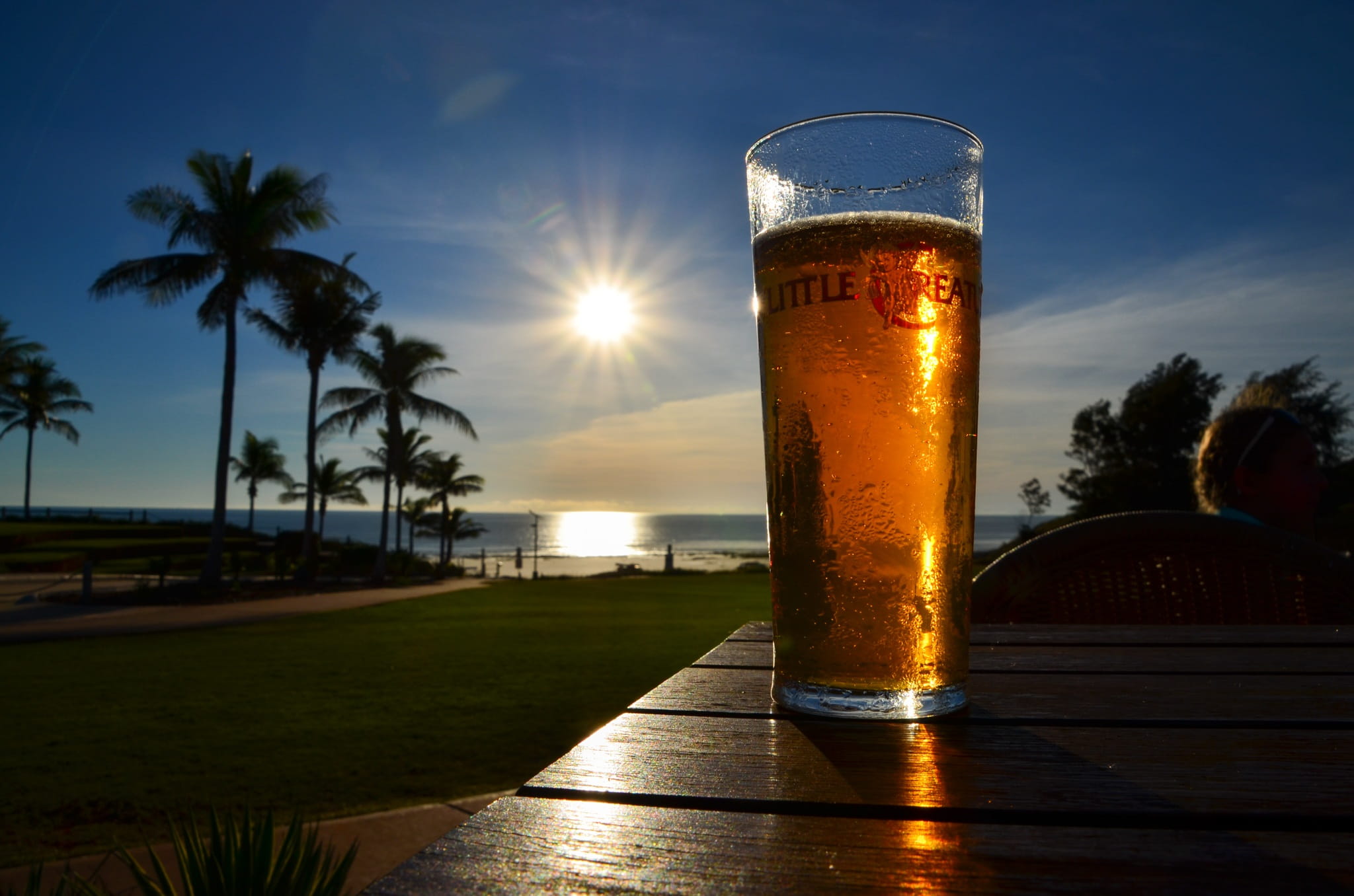 lens flare, Beer, drink, tourist resort, sky, fronting, tropical climate, beach, water, pint, ale, architecture, vacations, travel destinations, swimming pool, HD Wallpaper