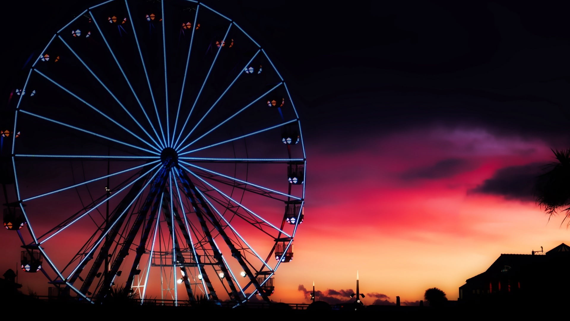 low angle view, amusement ride, evening, building exterior, tourist attraction, city, recreation, ferris wheel, philippines, illuminated, circle, amusement park, HD Wallpaper