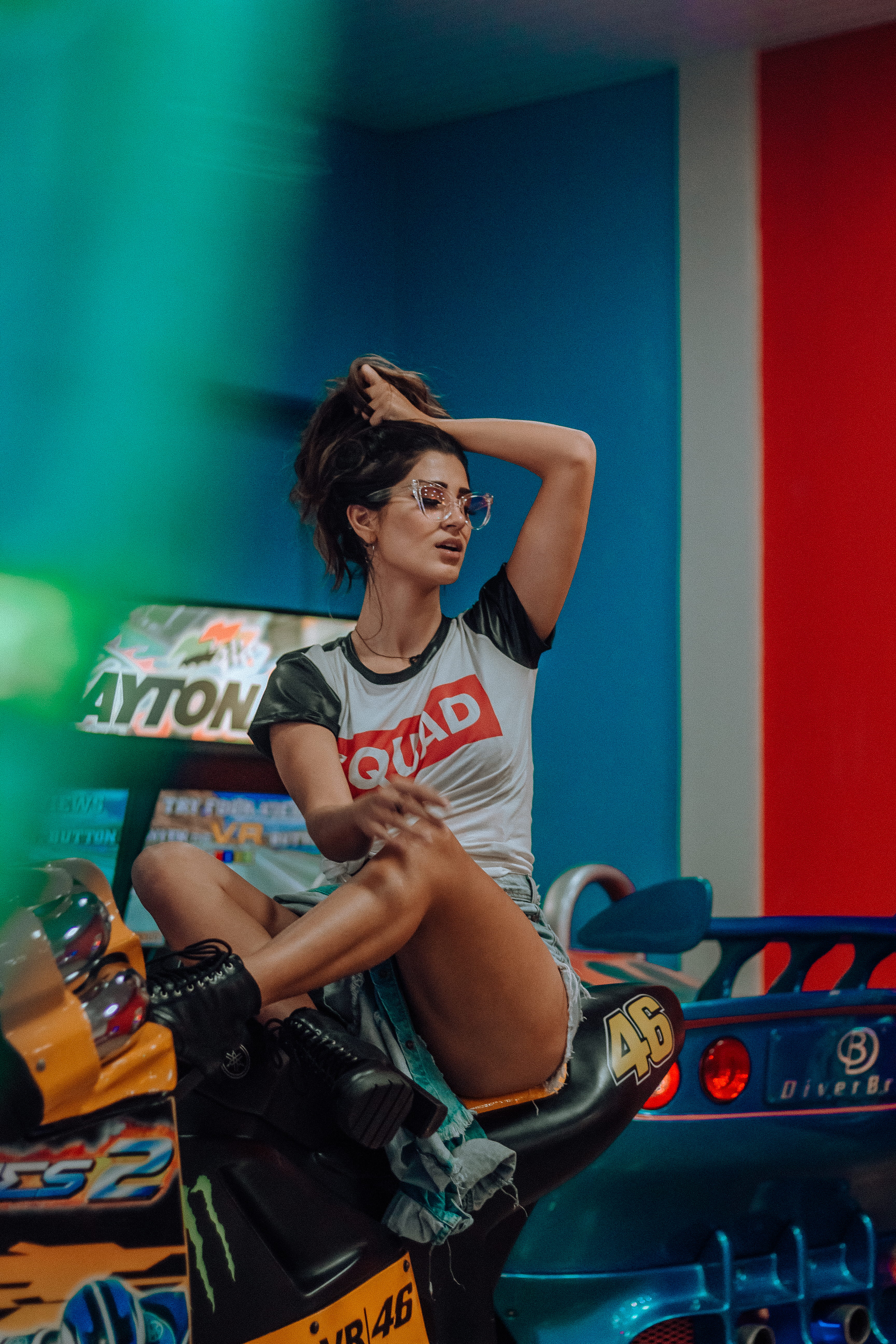 young adult, shorts, ride, black, squad, young women, front view, motorbike, text, toy, car, indoors, casual clothing, girl, leisure activity, look, hairstyle, Phone HD Wallpaper