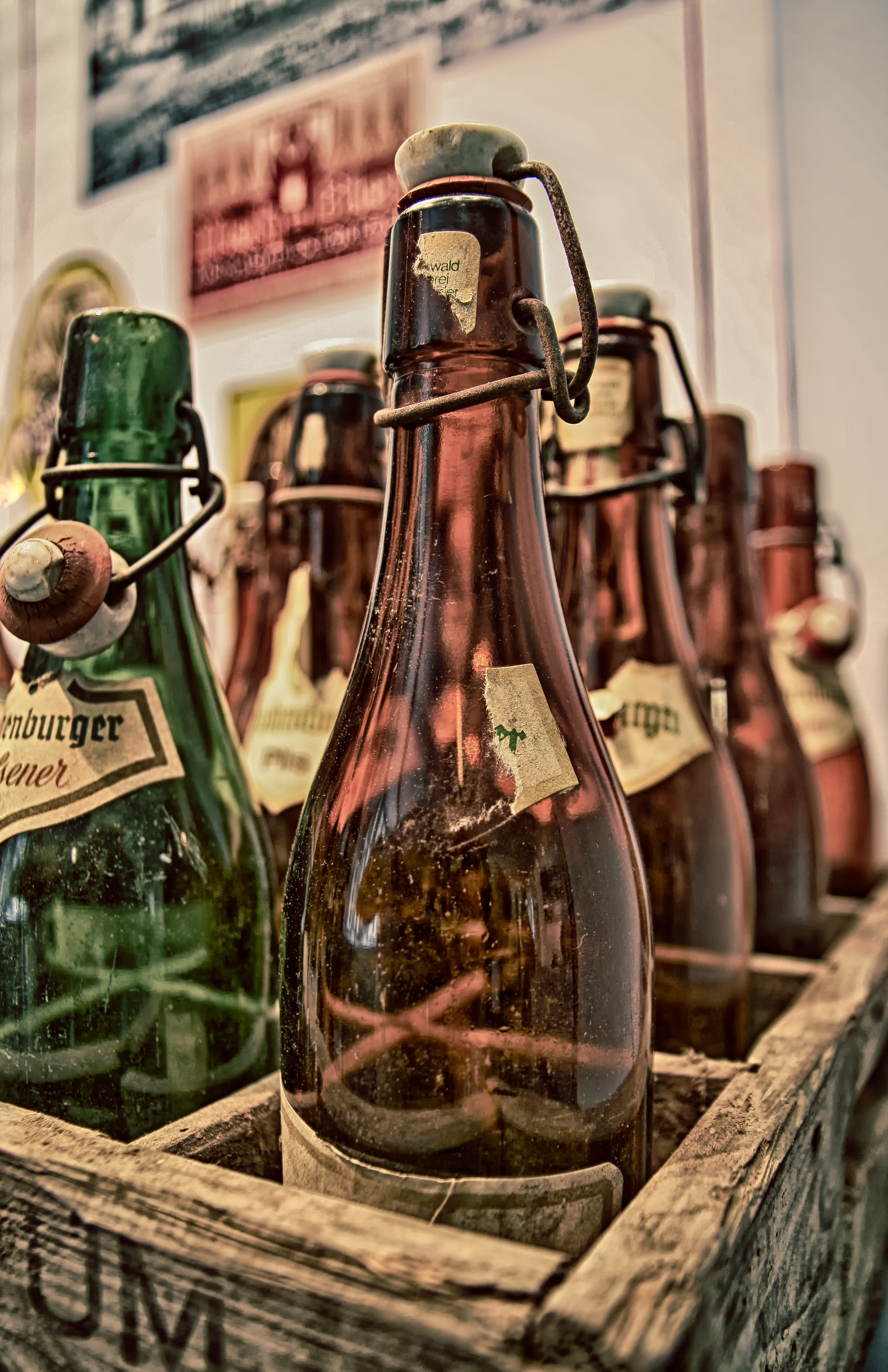 transparent, wood - material, bottles, drink, wooden box, refreshment, food and drink, container, close-up, brown, bottle caps, wine bottle, still life, Phone HD Wallpaper