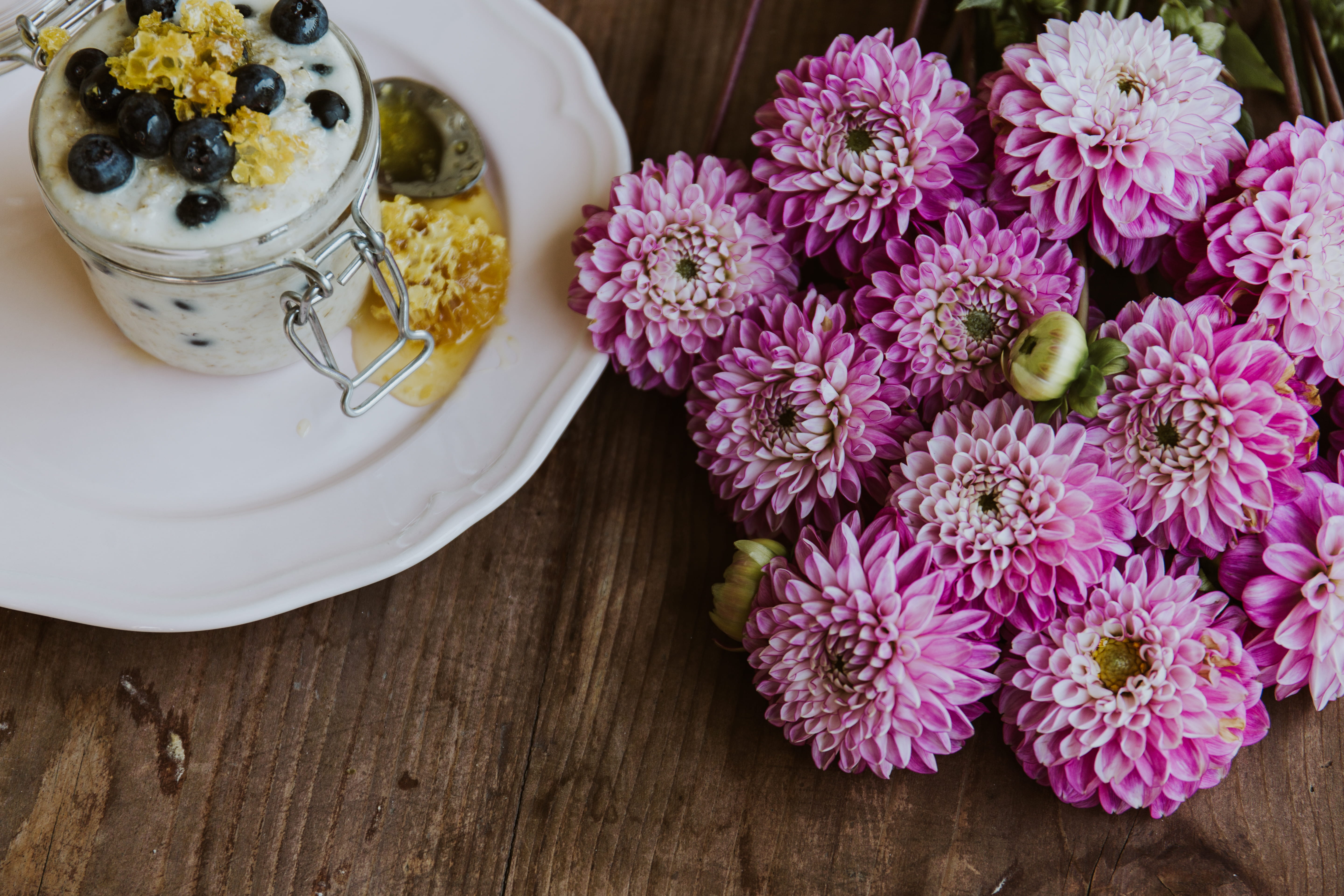 flower head, white, food and drink, photo, indoors, flowering plant, floral, pink color, honey, healthy food, cup, plant, pink, freshness, blueberry, breakfast, HD Wallpaper