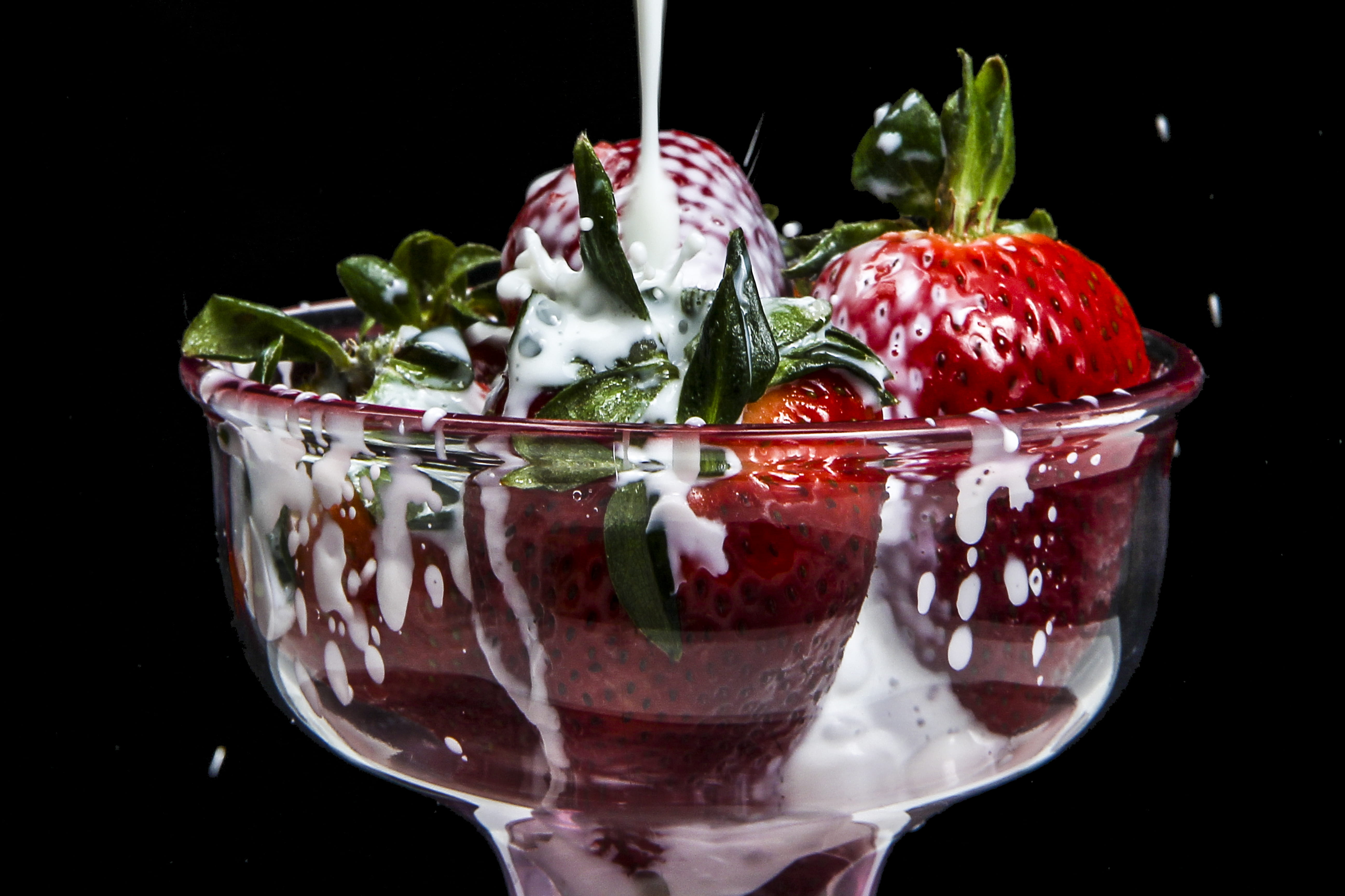 berry fruit, freshness, parfait, indoors, food, glass, garnish, ready-to-eat, close-up, 5K, herb, strawberries, black background, no people, fruit, wellbeing, HD Wallpaper