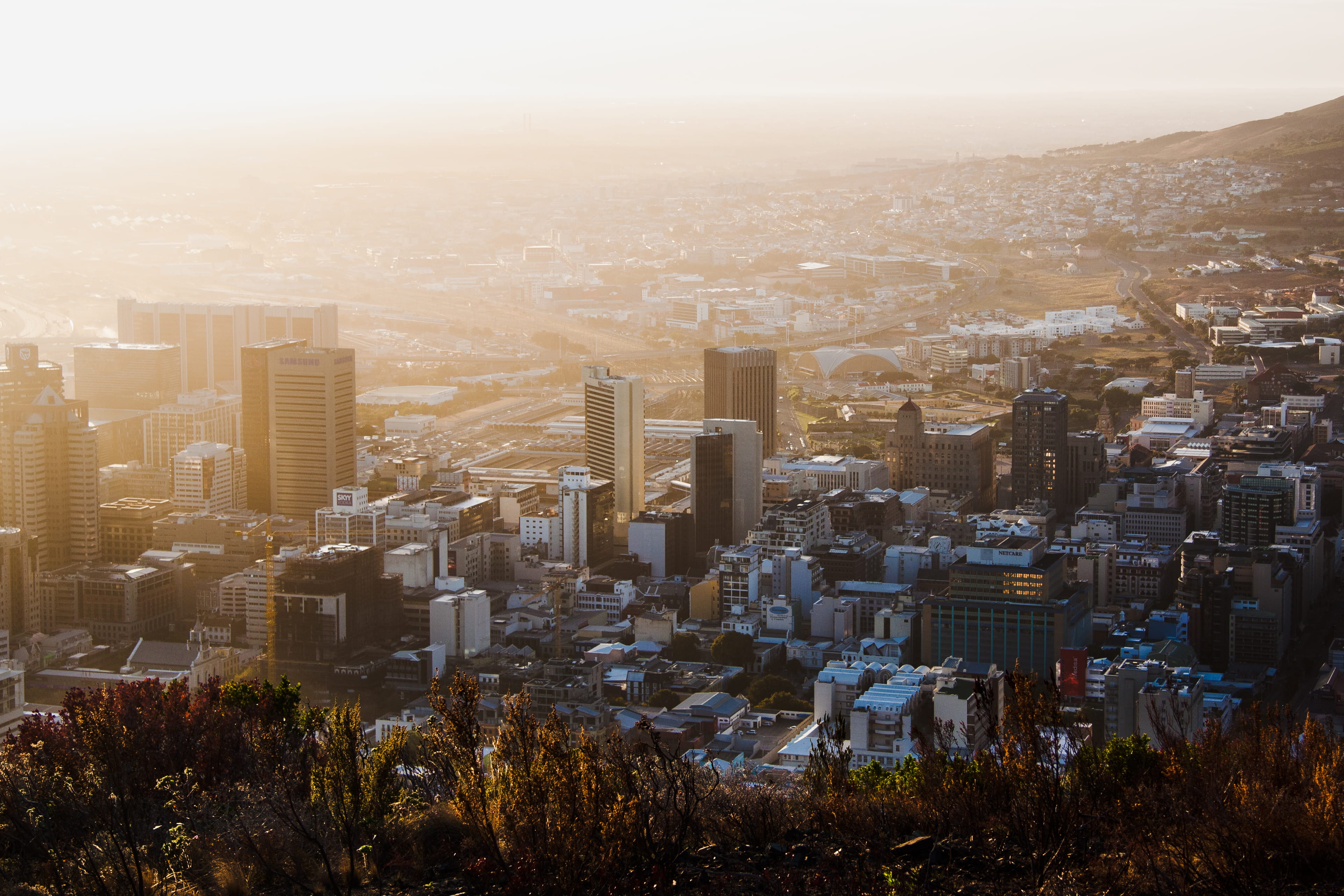 downtown, sunlight, landscape, architecture, building exterior, urban skyline, skyline, office building exterior, tall building, city line, view, western cape, HD Wallpaper