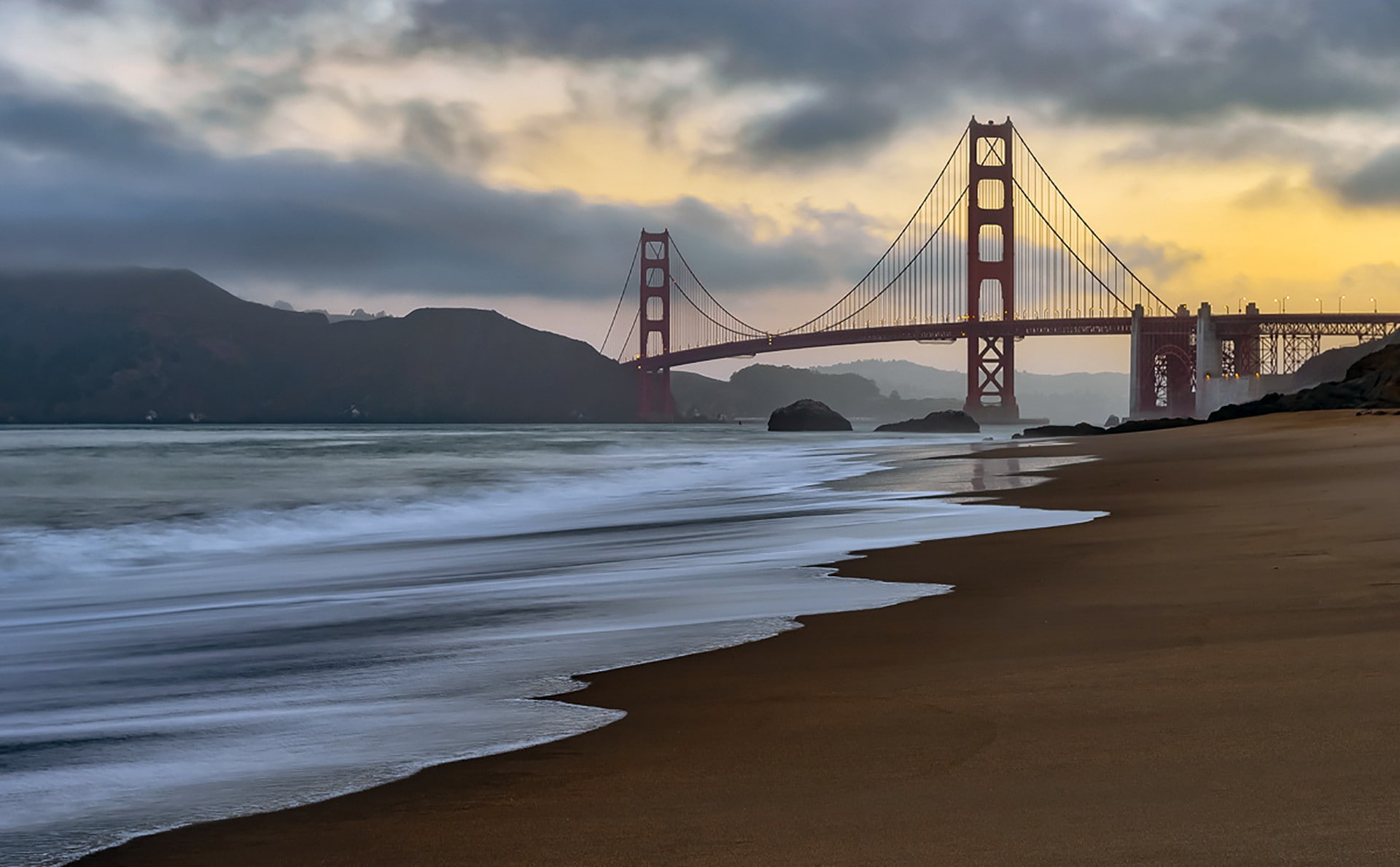 landscape, land, sunset, tourism, cloud - sky, sky, transportation, beach, USA, bridge, 1080P, outdoors, bay, San Francisco, architecture, sea, Pacific Ocean, HD Wallpaper