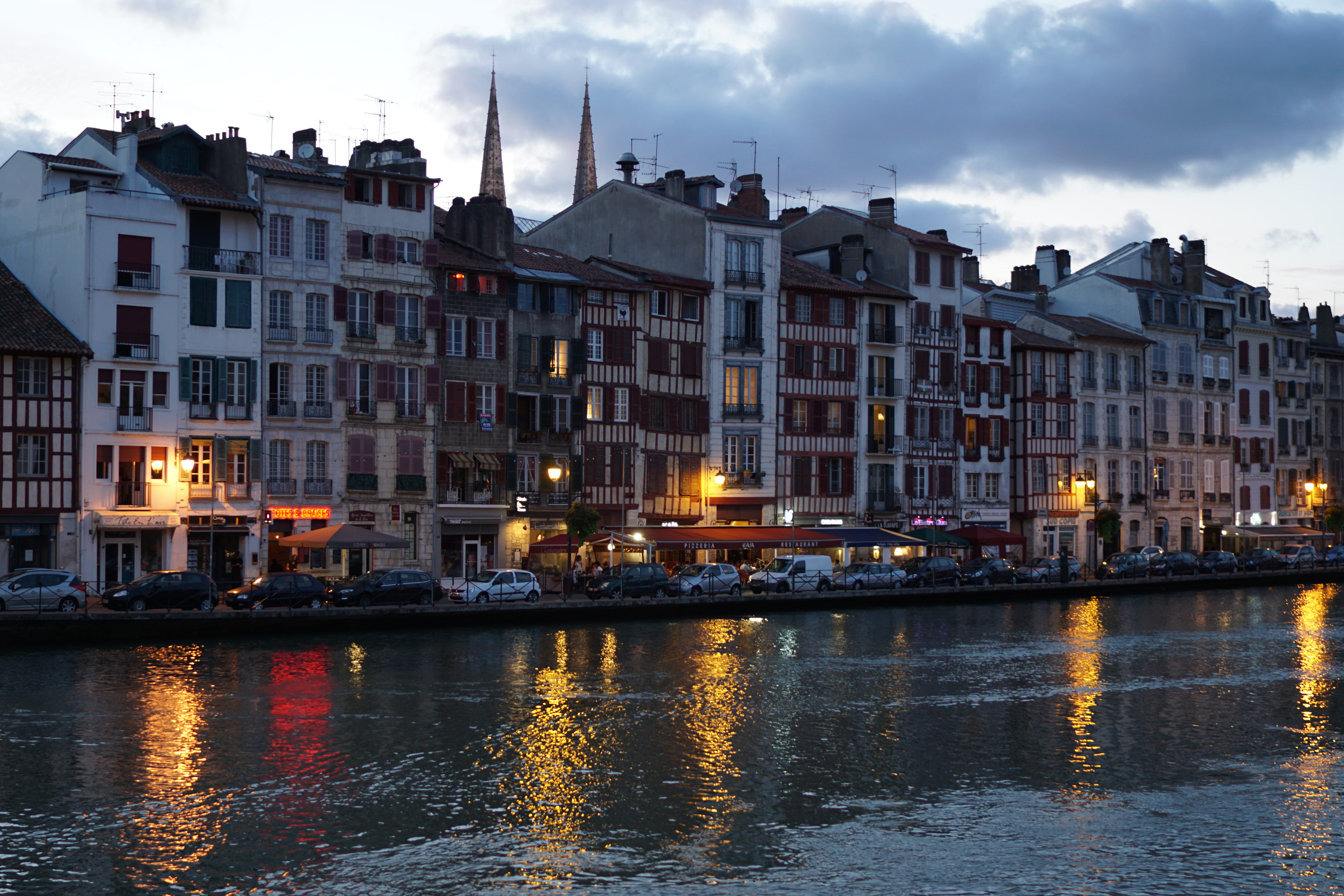 transportation, houses, architecture, illuminated, built structure, residential district, pays basque, nature, city, nautical vessel, night, church, dusk, HD Wallpaper