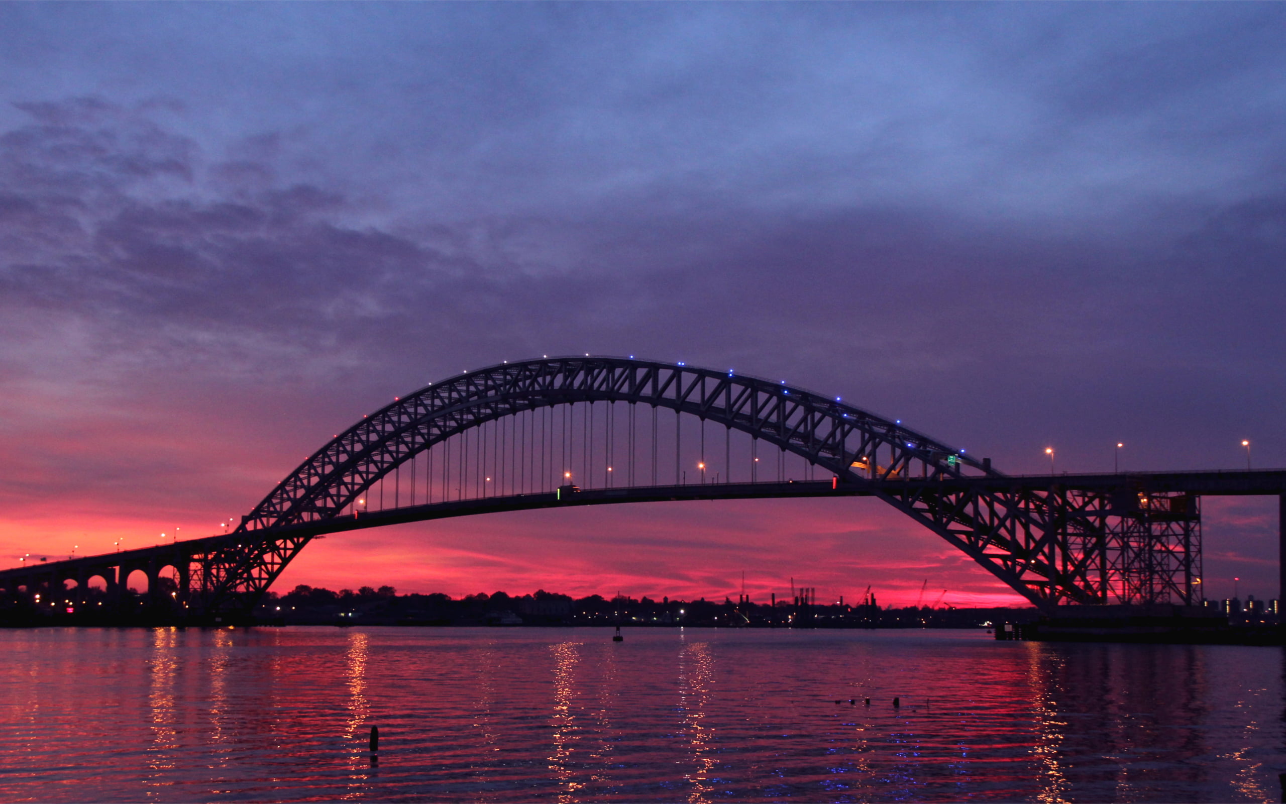 architecture, bridge - man made structure, cloud - sky, river, 2K, Cityscapes, arch bridge, travel destinations, water, sky, bayonne, dusk, purple, sunset, HD Wallpaper