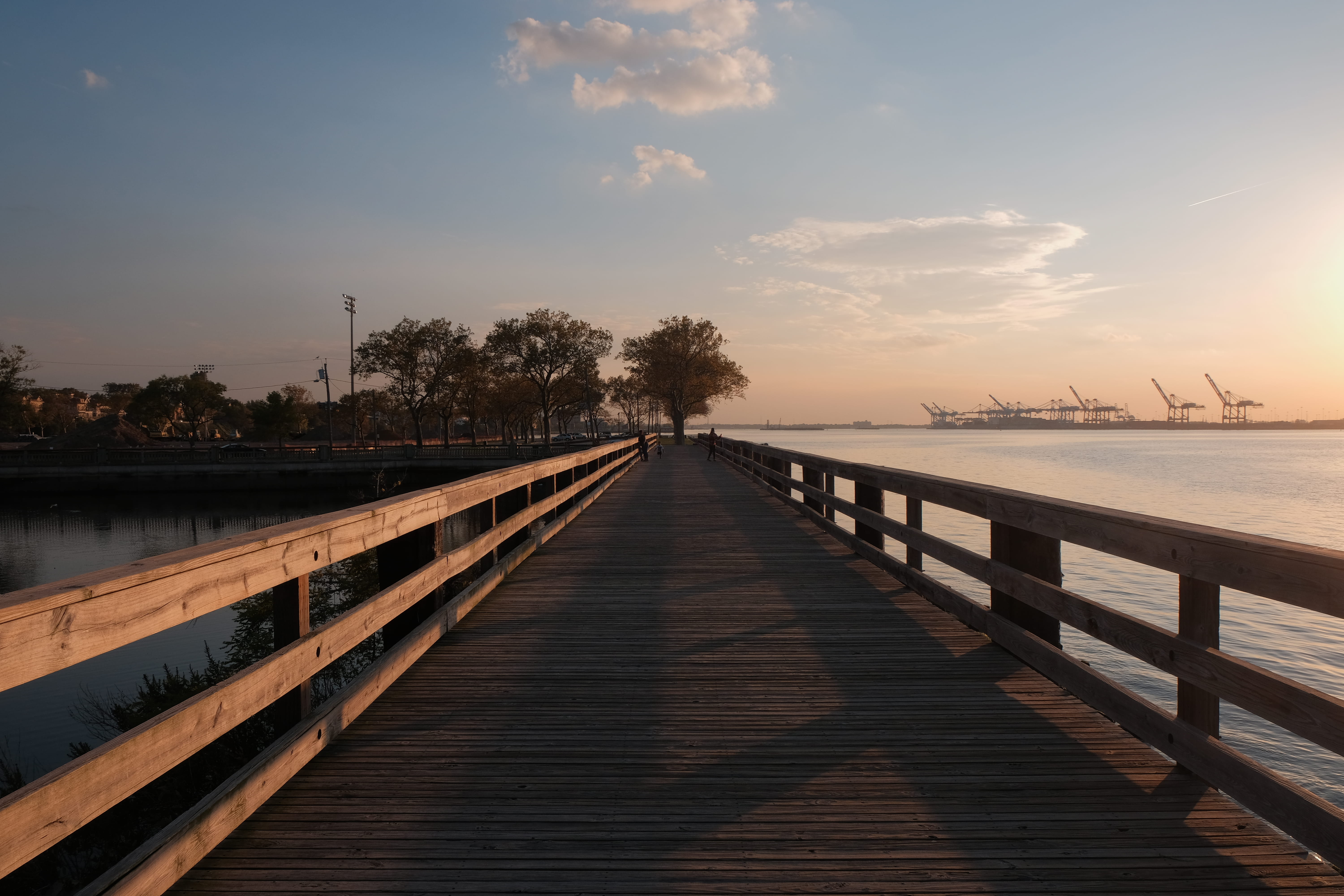 outdoors, cloud - sky, sky, railing, long, no people, tranquility, water, tranquil scene, pier, sunset, 5K, bayonne, architecture, industrial, wood, bridge, HD Wallpaper