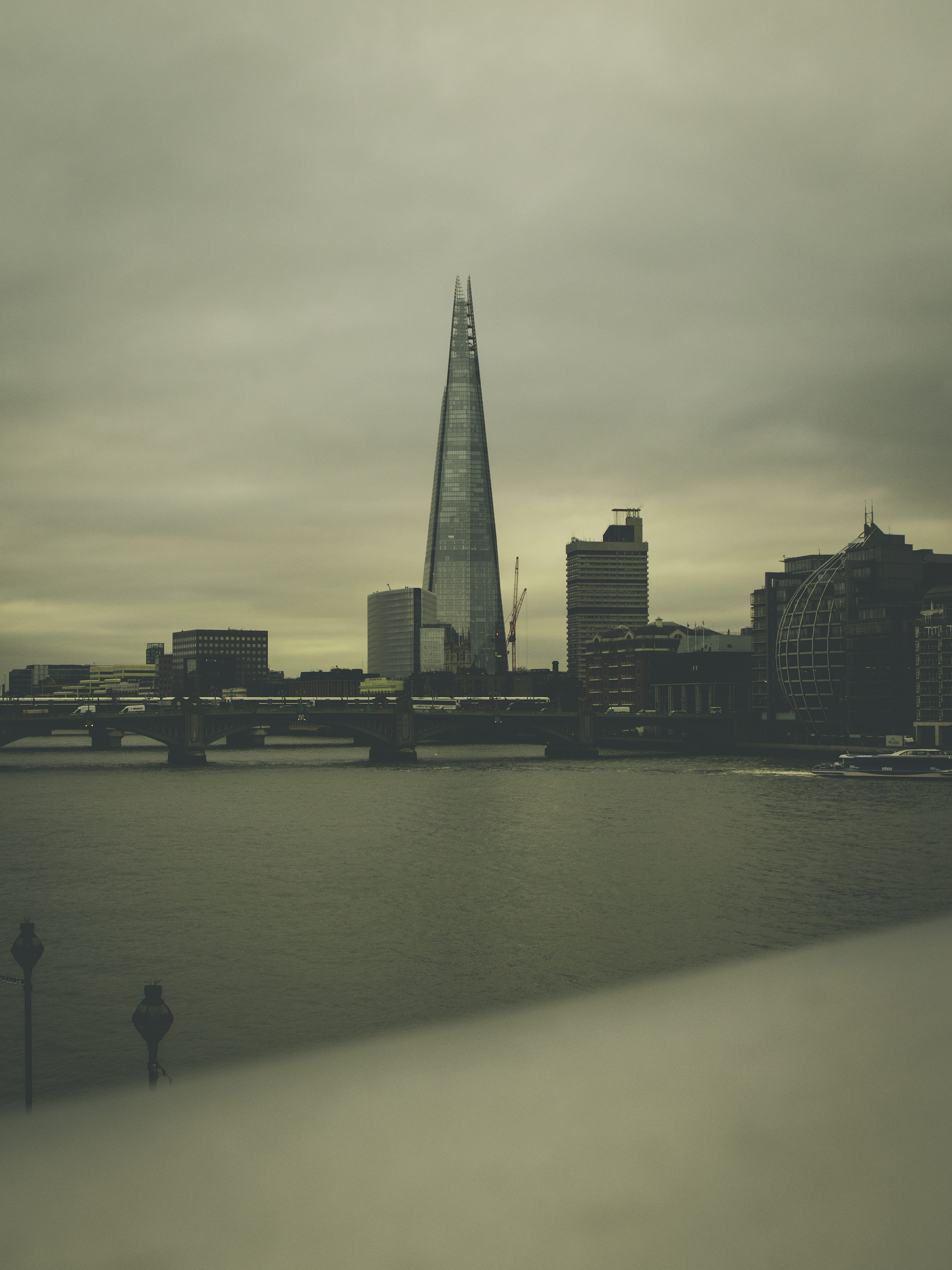 the shard, river, no people, united kingdom, travel, london, tones, city, travel destinations, urban skyline, architecture, water, cloud - sky, outdoors, Phone HD Wallpaper