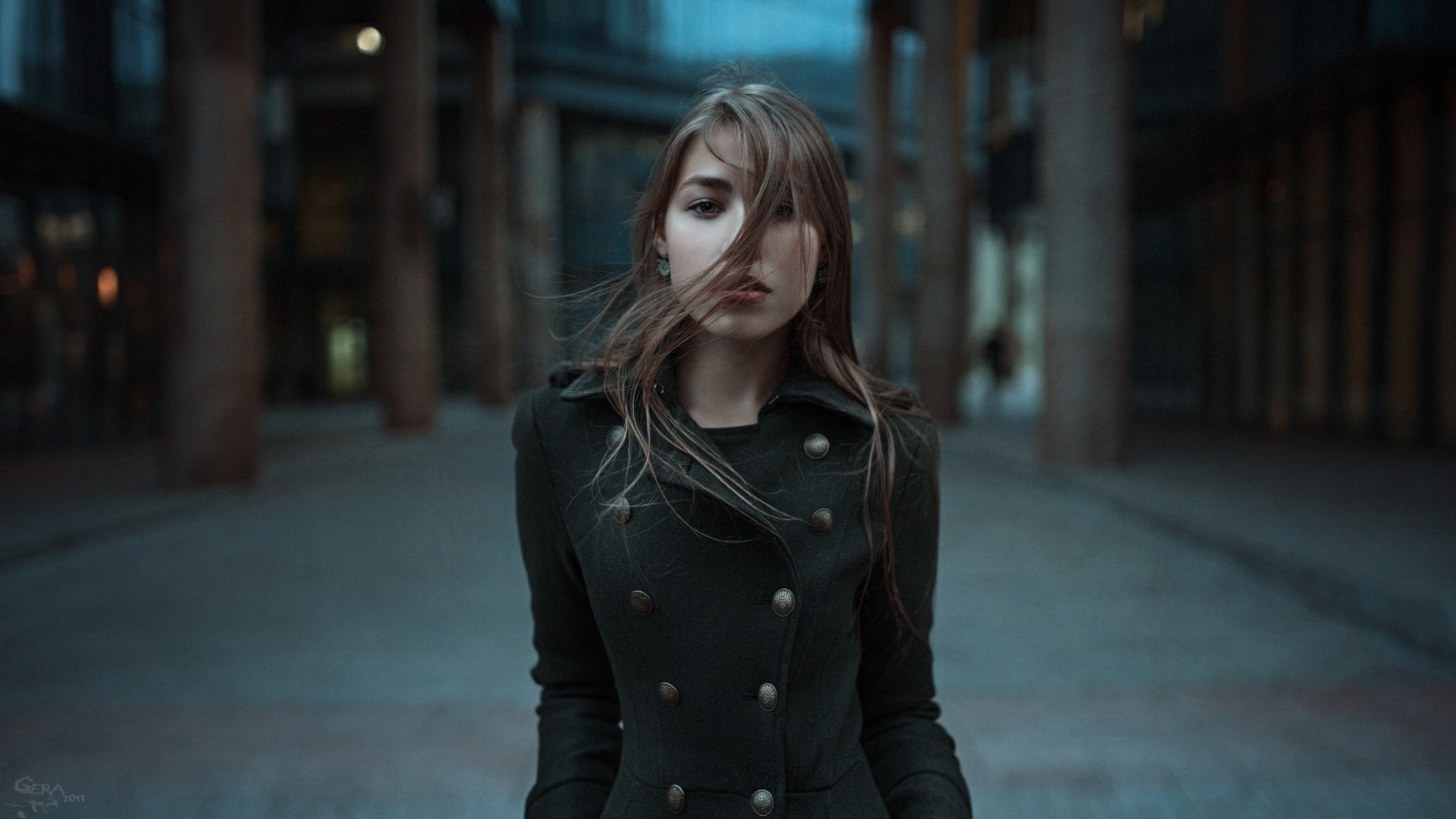 depth of field, teenager, hairstyle, brunette, street, hair, architecture, city, one person, portrait, coats, 1080P, muted, looking at viewer, windy, women outdoors, HD Wallpaper
