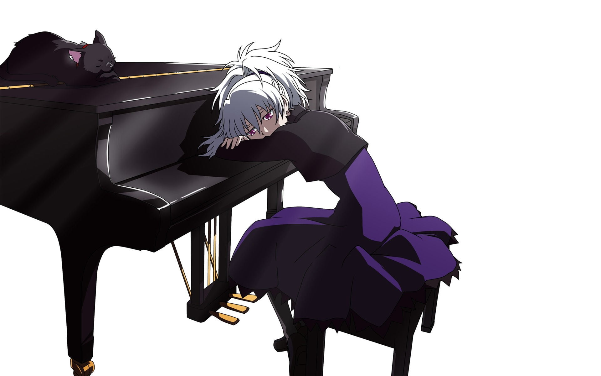 white background, anime, seat, chair, Yin, no people, Mao, purple, cut out, character, sitting, representation, black color, illustration, Darker than Black, HD Wallpaper