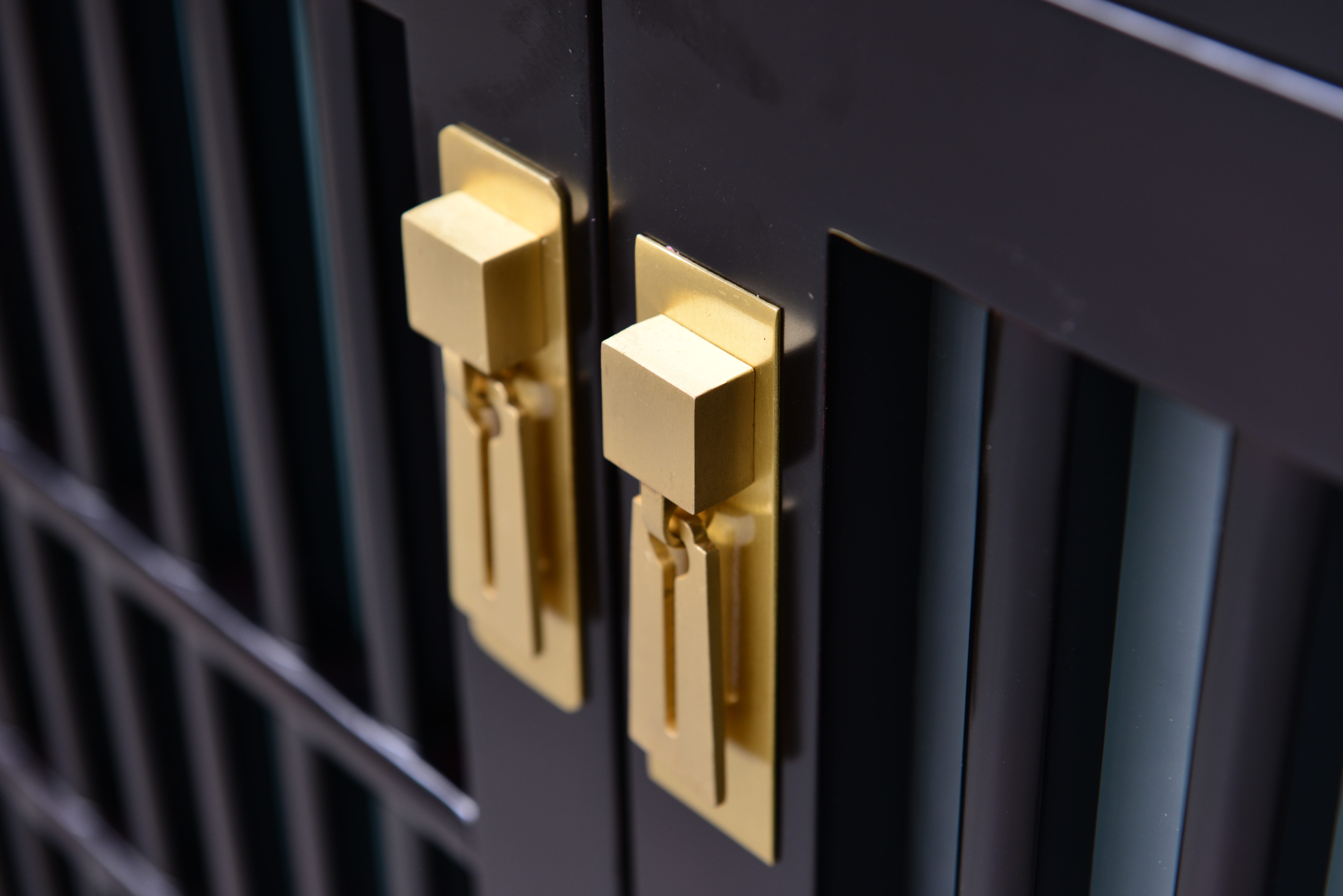 safety, gold, indoors, technology, high-end, bathroom cabinet, illuminated, entrance, handle, gold colored, connection, metal, black, 5K, building, focus on foreground, HD Wallpaper