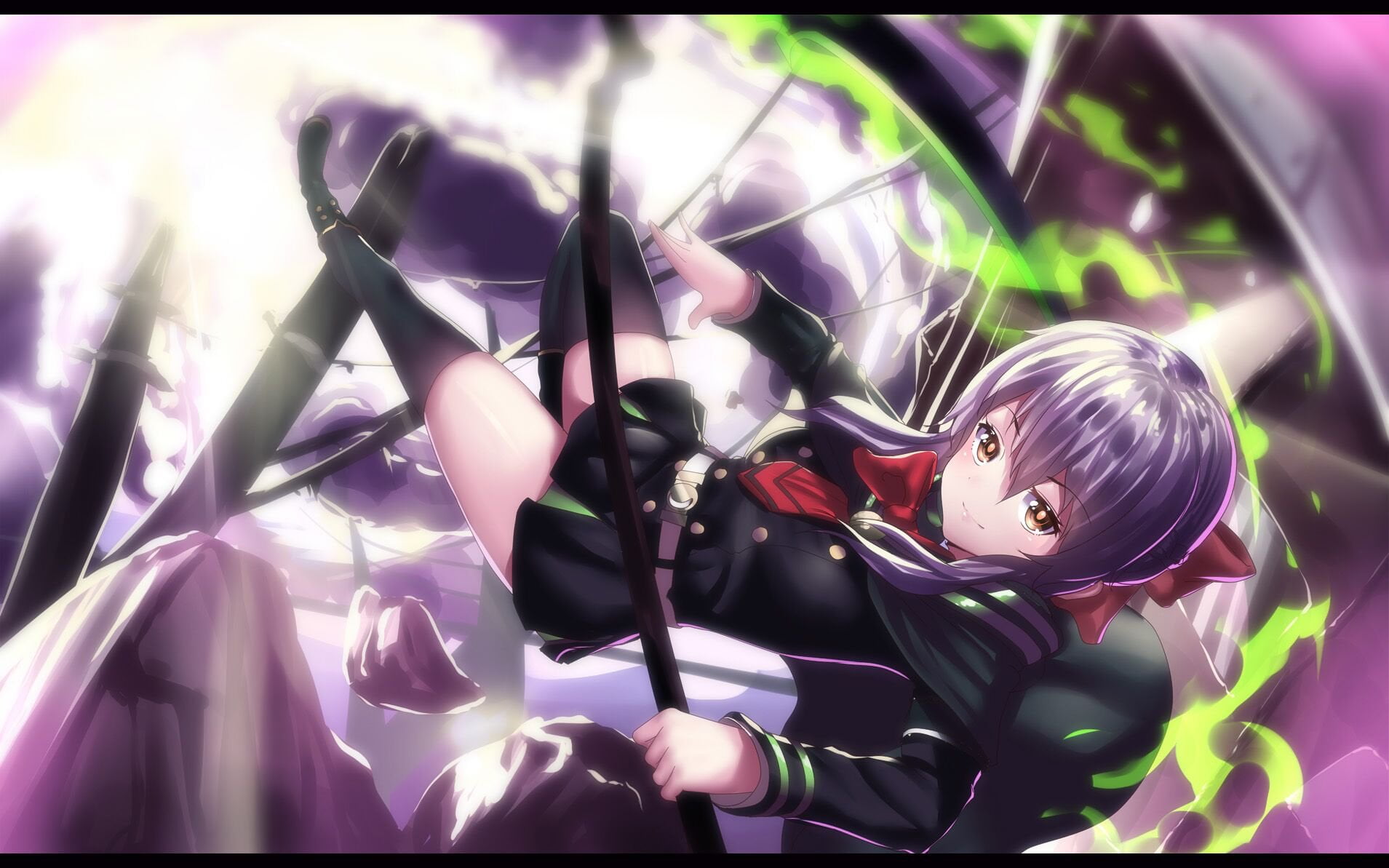 auto post production filter, women, looking at camera, Thigh Highs, 720P, one person, Purple Hair, Uniform, Shinoa Hīragi, Seraph of the End, lifestyles, HD Wallpaper