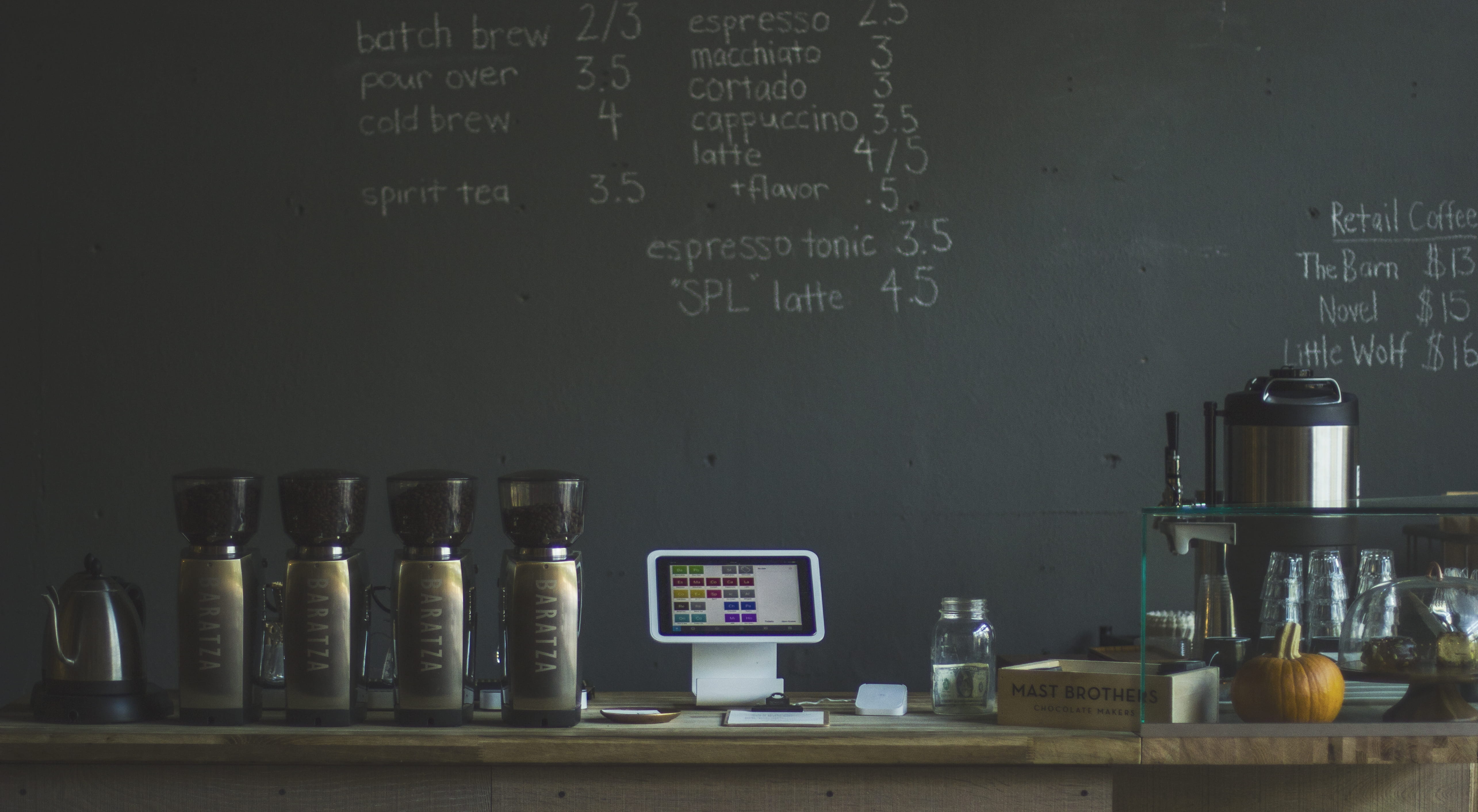 western script, blackboard, coffee house, workspace, equipment, interior, arrangement, 5K, table, wall - building feature, close-up, architecture, shop, HD Wallpaper