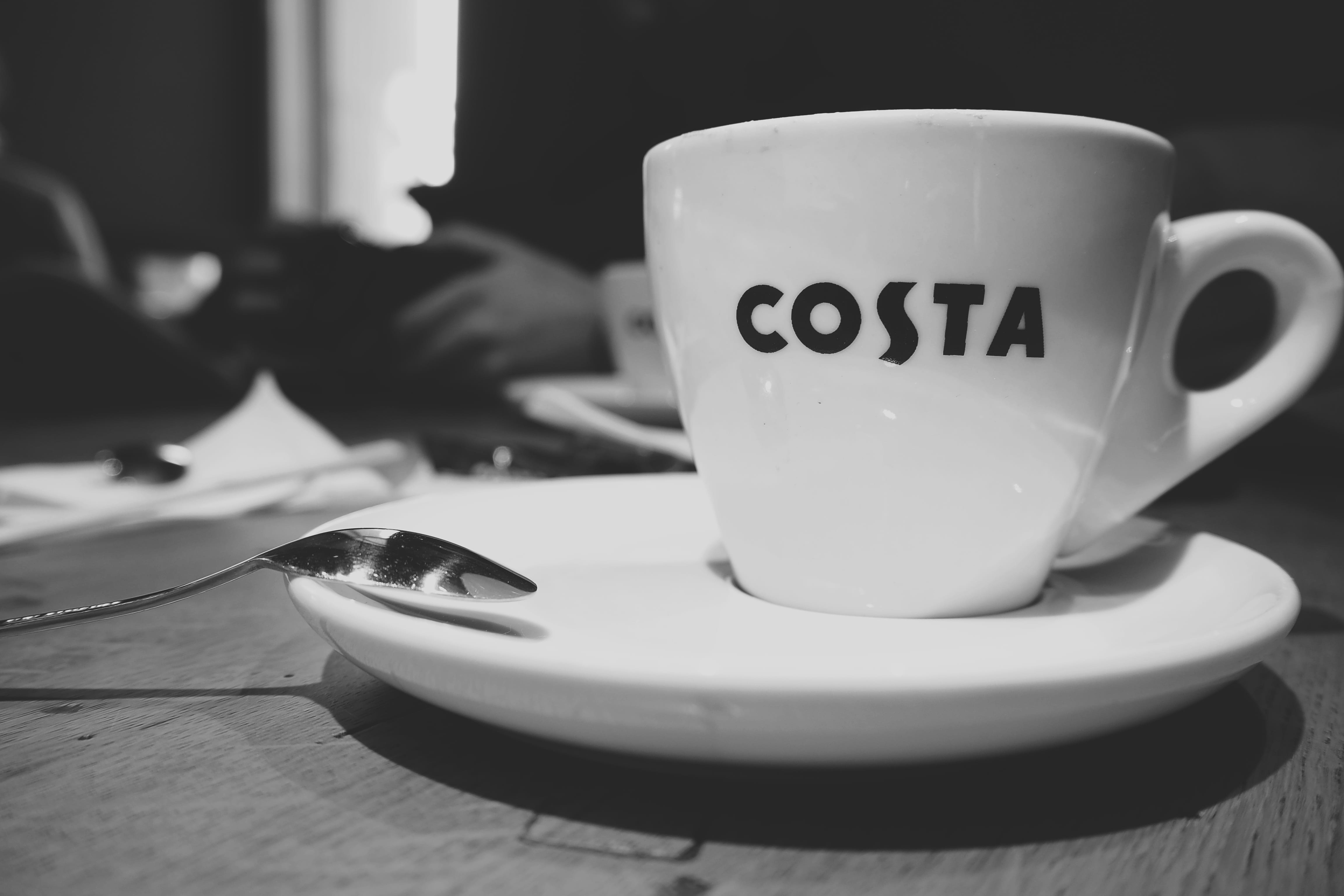 coffee, eating utensil, coffee - drink, indoors, crockery, hot, coffeeshop, costa, still life, food and drink, espresso, western script, text, drink, focus on foreground, HD Wallpaper