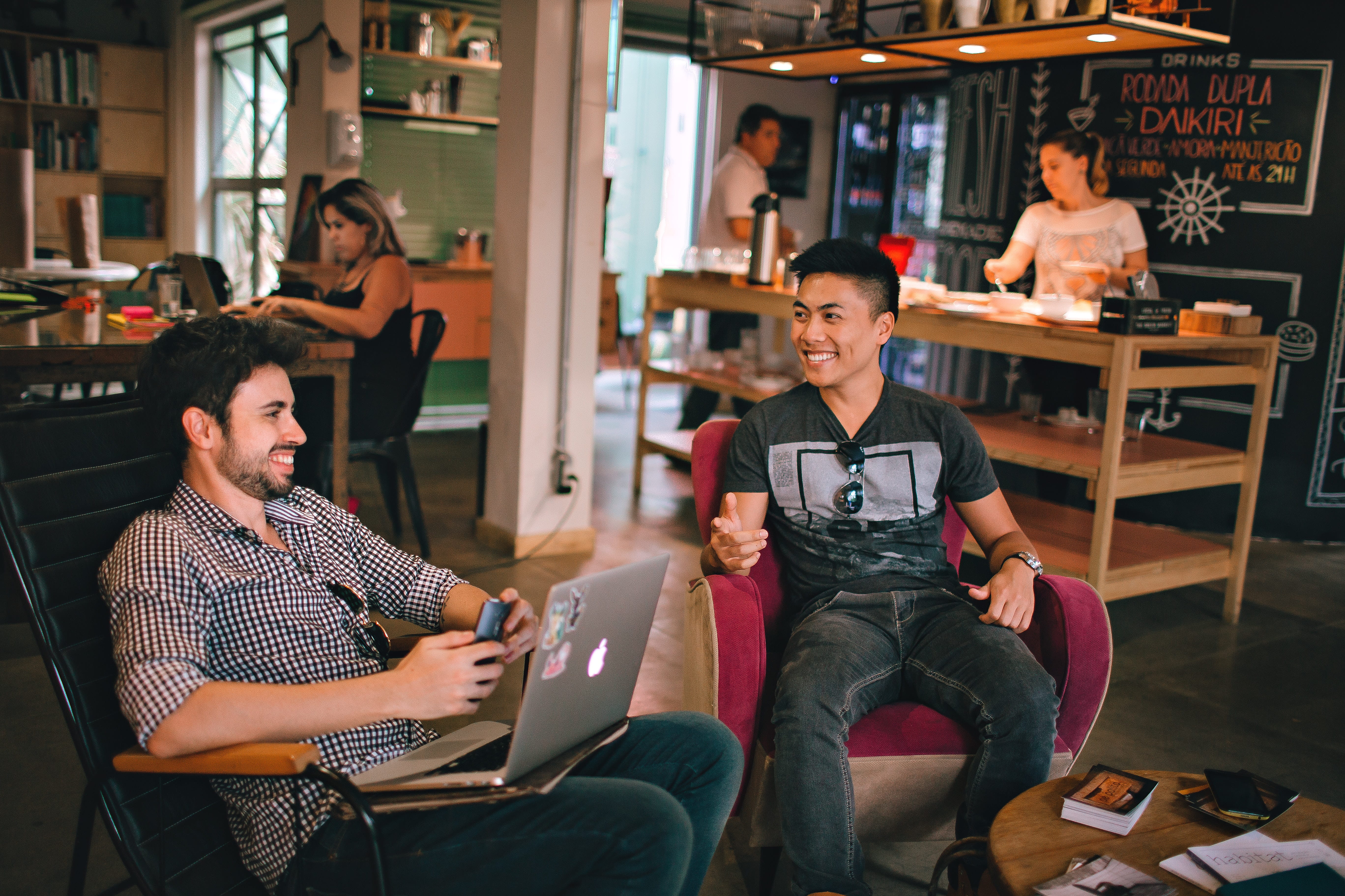 smiling, coffee shop, woman, coffeeshop, man, restaurant, meeting, casual clothing, technology, small business, young men, 5K, bar - drink establishment, HD Wallpaper