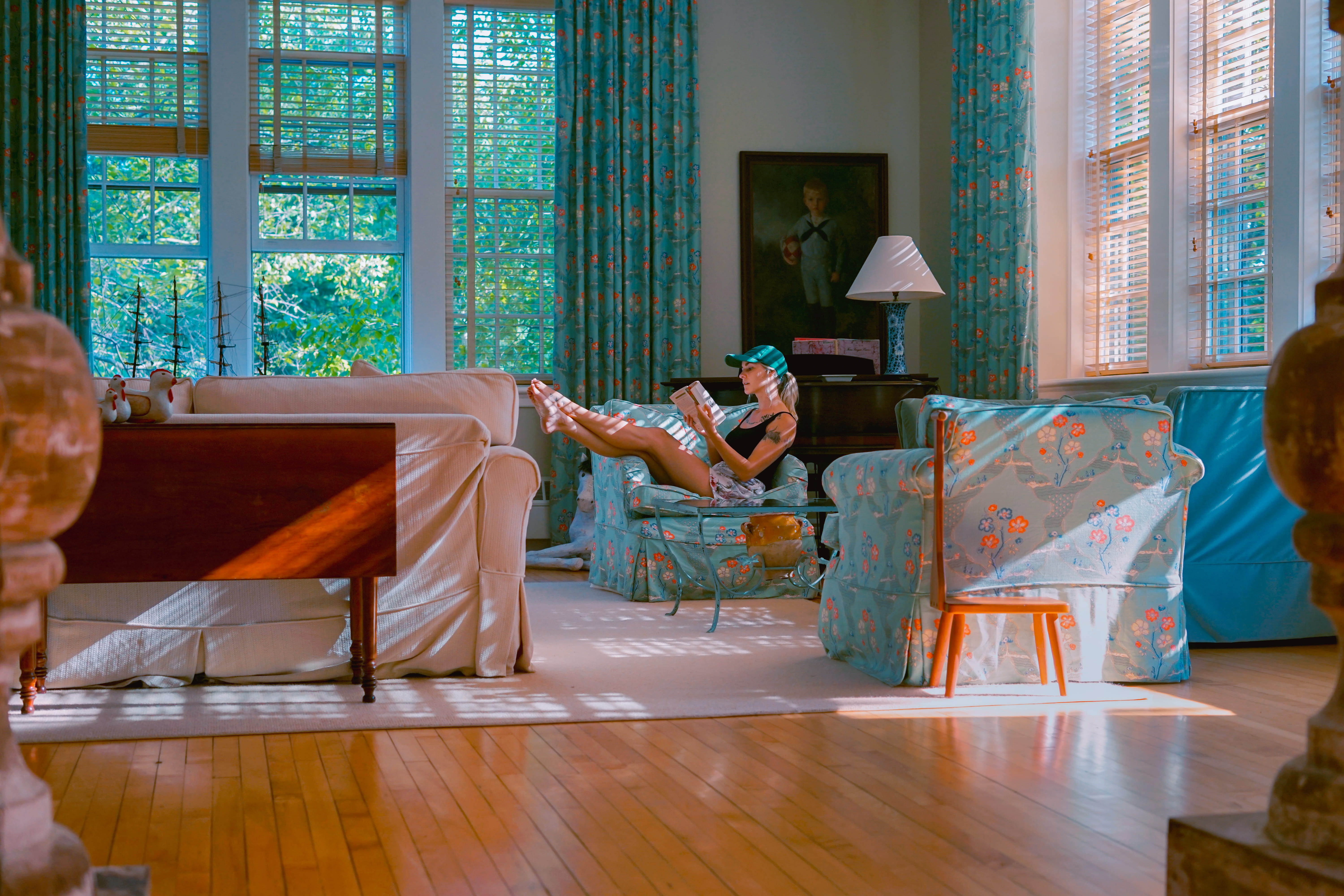style, book, room, living space, female, wood, living room, teal, contemplation, fashion, decor, curtain, leisure activity, day, dress, sofa, home interior, HD Wallpaper