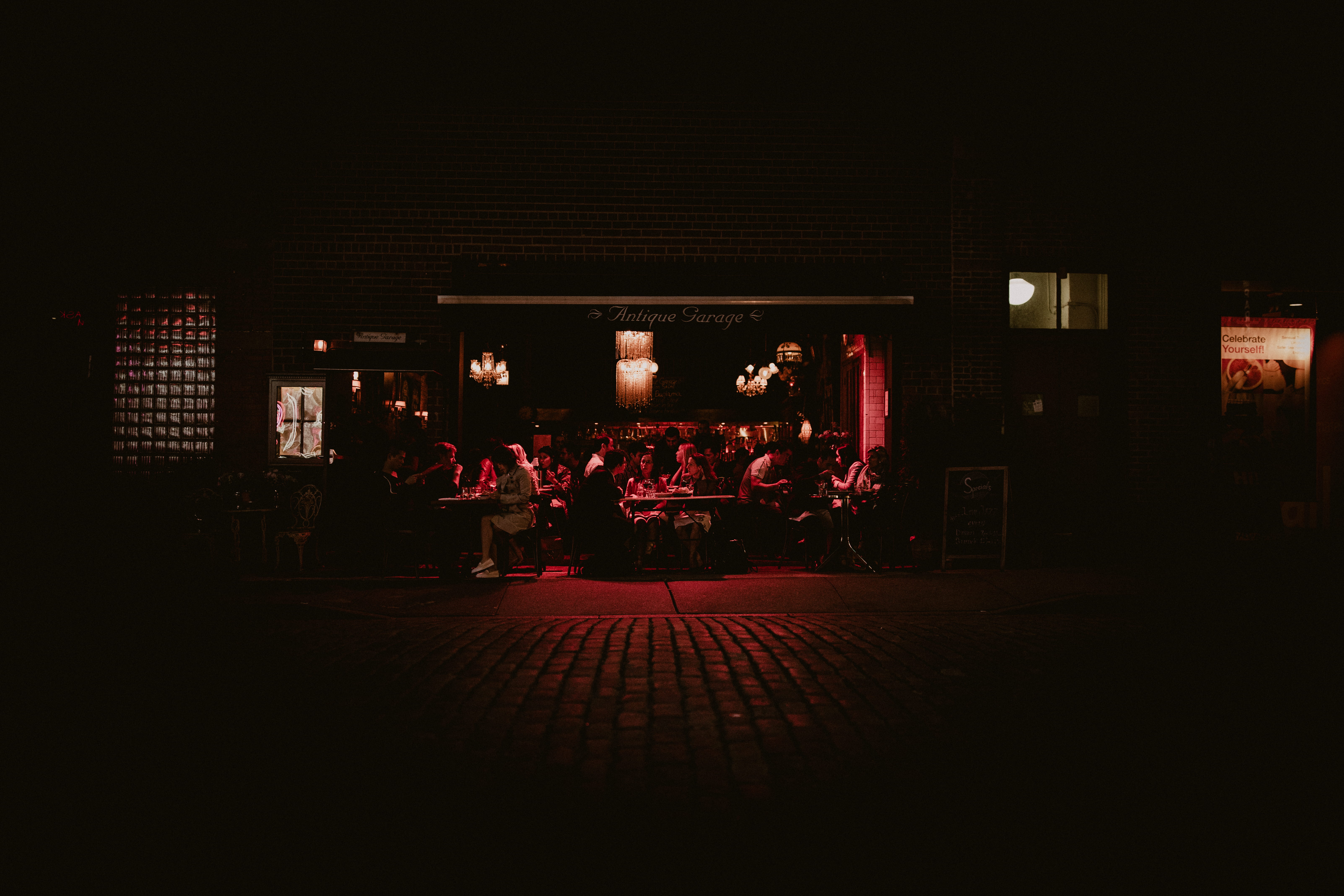 no people, antique garage, stage, outside dining, dim, city, performance, restaurant, indoors, sitting, arts culture and entertainment, stage theater, lighting equipment, HD Wallpaper