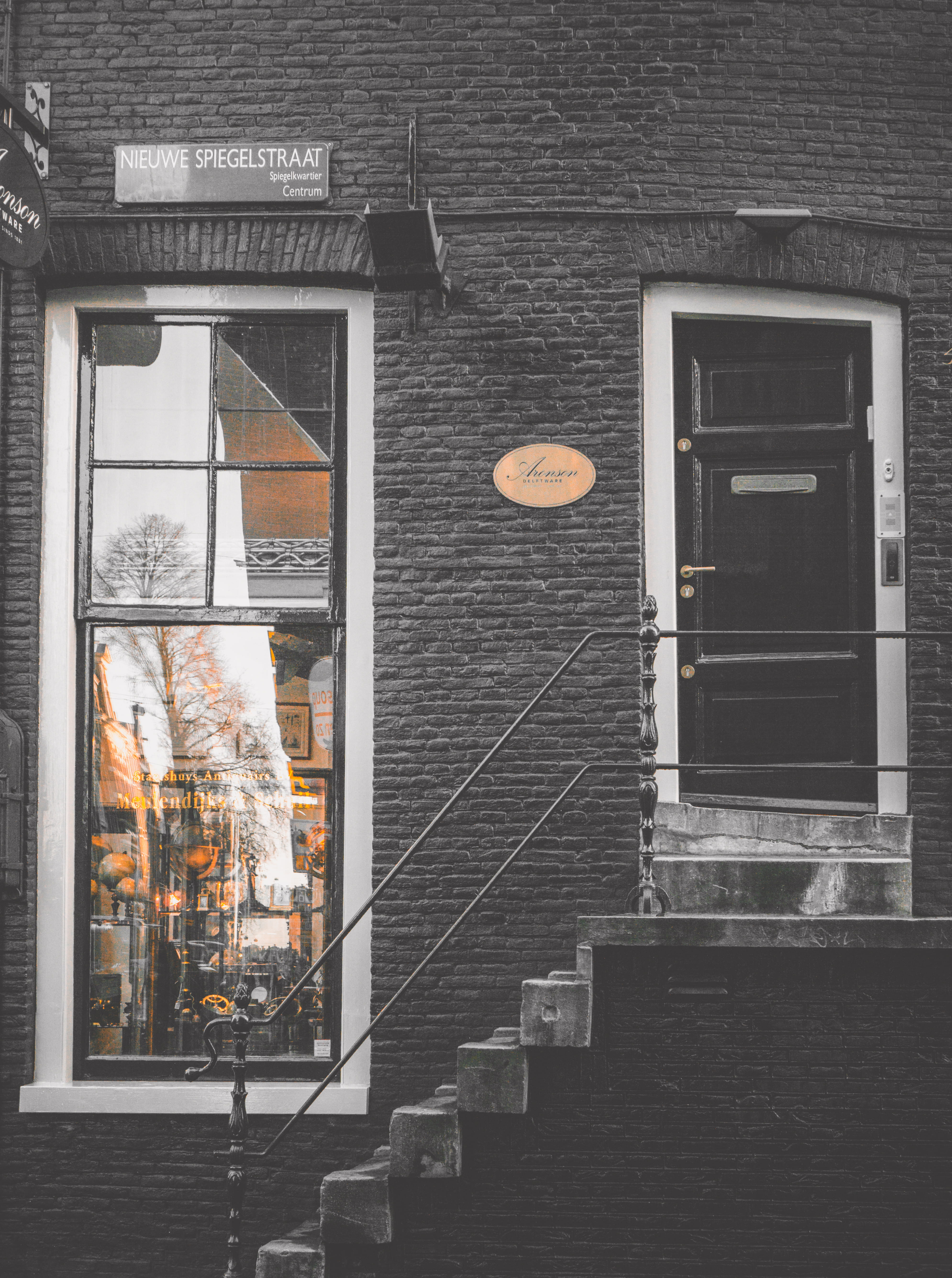 house, glass, store, 5K, staircase, building exterior, wall, closed, window, shop, amsterdam, glass - material, transparent, architecture, stair, brick wall, Phone HD Wallpaper