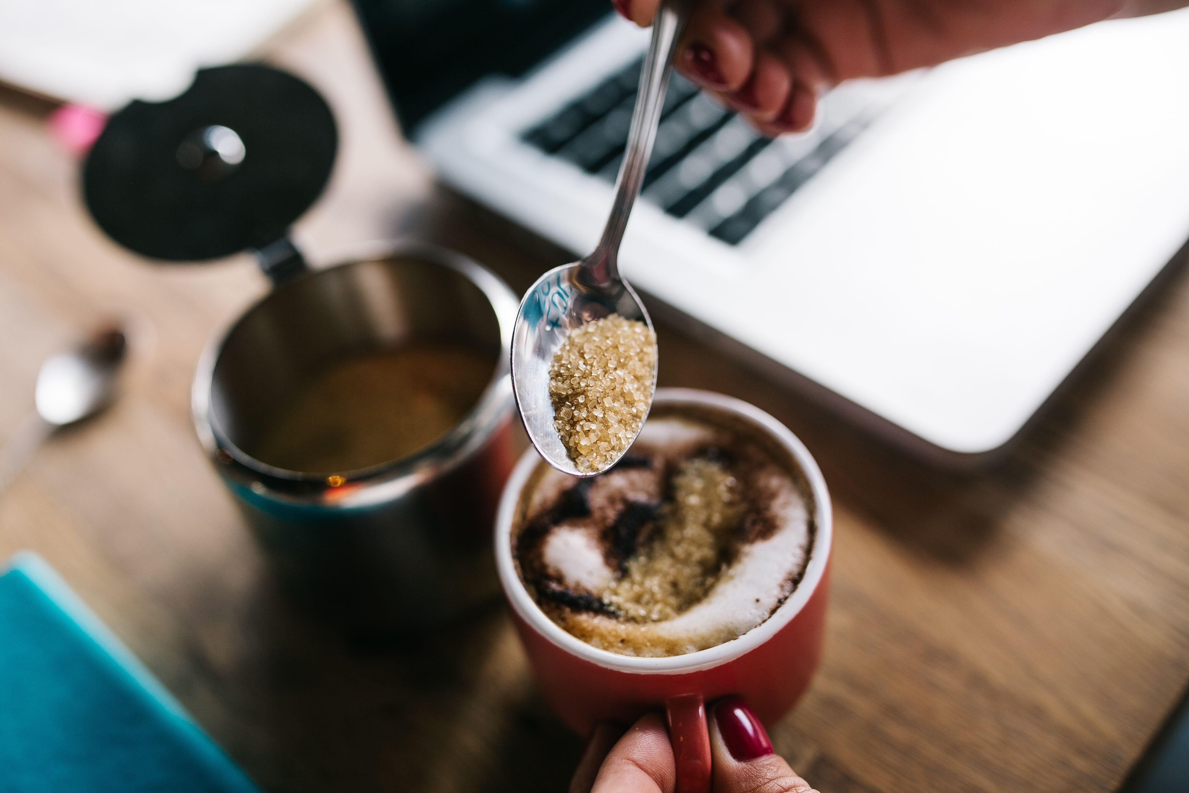 4K, coffee - Drink, preparation, human Hand, drink, human body part, sugar, coffee Cup, pouring, cup, late, spoon, freshness, Cup of coffee, adult, hand, HD Wallpaper