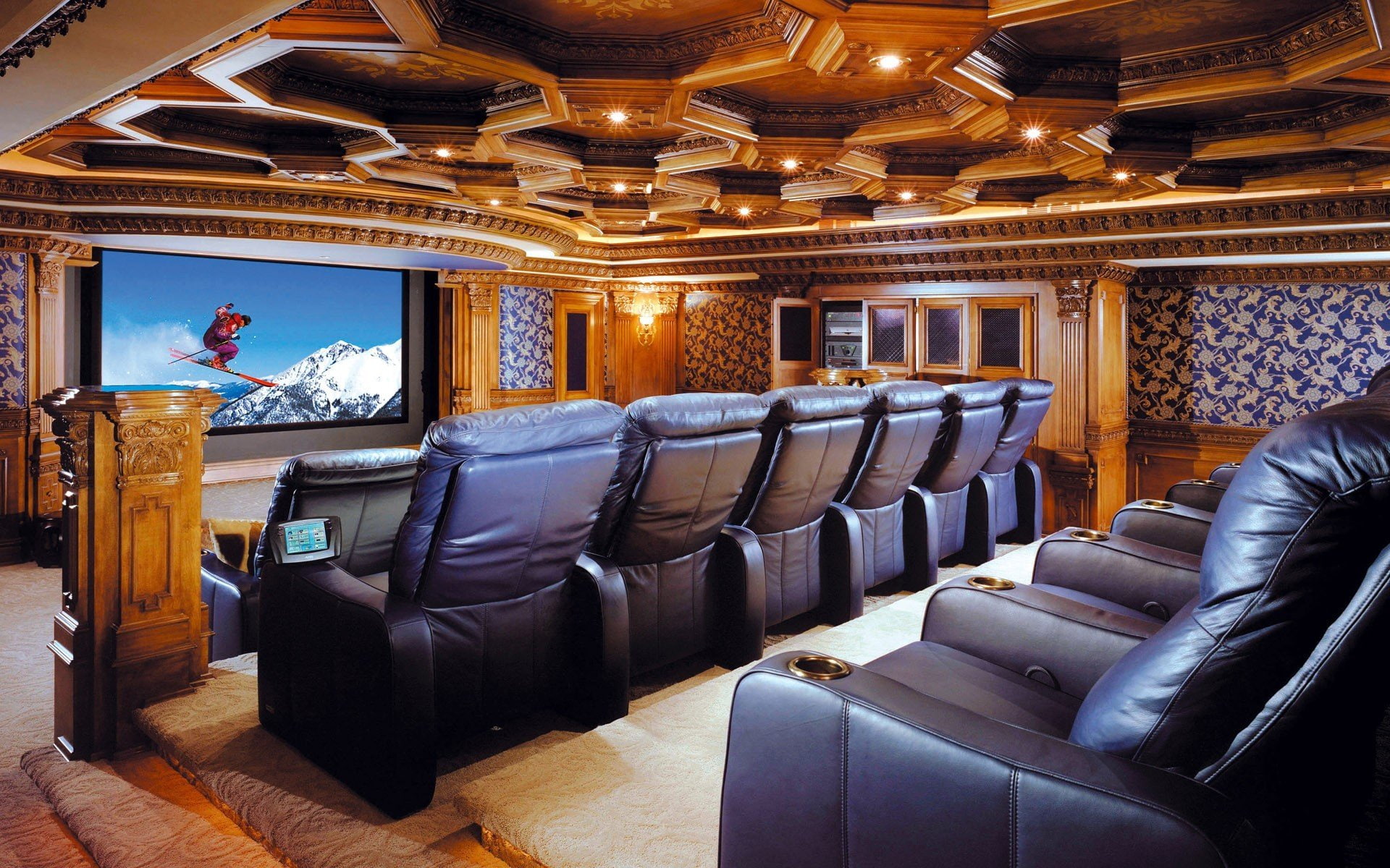 domestic room, wealth, flooring, luxury, hotel, indoors, comfortable, furniture, electric lamp, modern, home cinema movie theater interior design, technology, HD Wallpaper