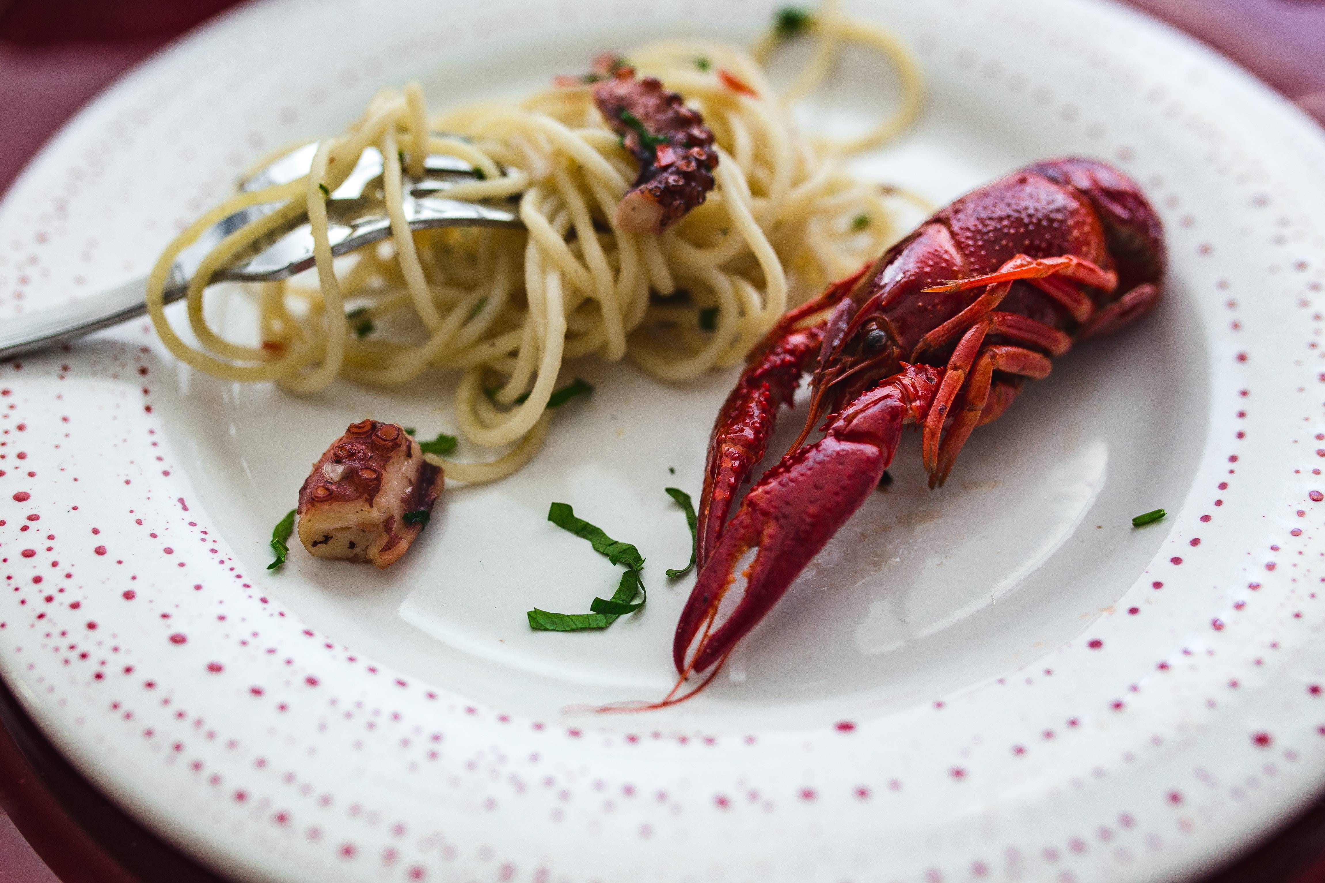 pasta, 4K, elegant, wellbeing, roses, gourmet, plate, seafood, wine, prepared Shrimp, dinner, close-up, table, meat, decorated, food, ready-to-eat, spaghetti, HD Wallpaper