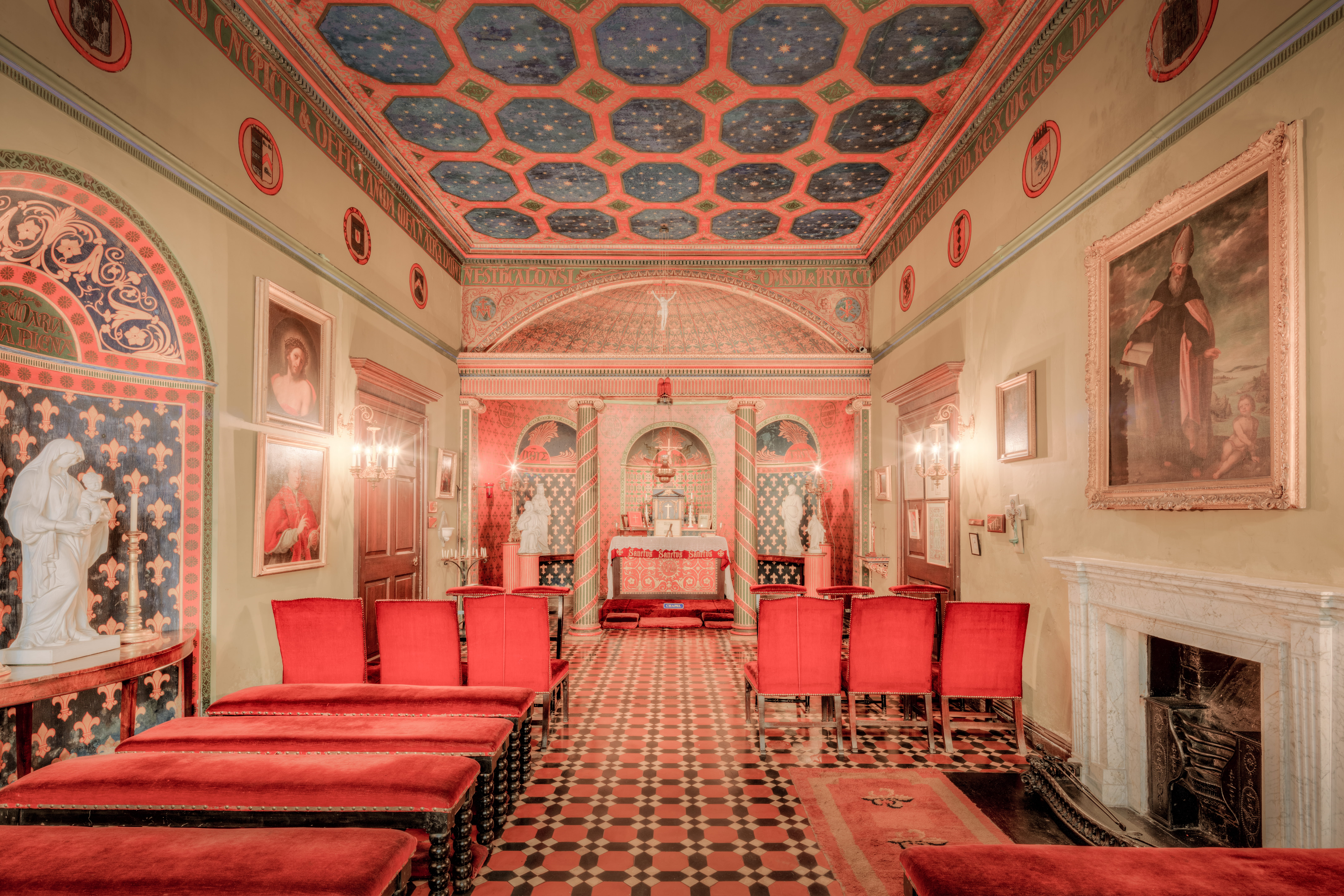 fireplace, indoors, religion, room, illuminated, ceiling, seat, mural, skirlaugh, art and craft, representation, carpet, belief, furniture, united kingdom, HD Wallpaper