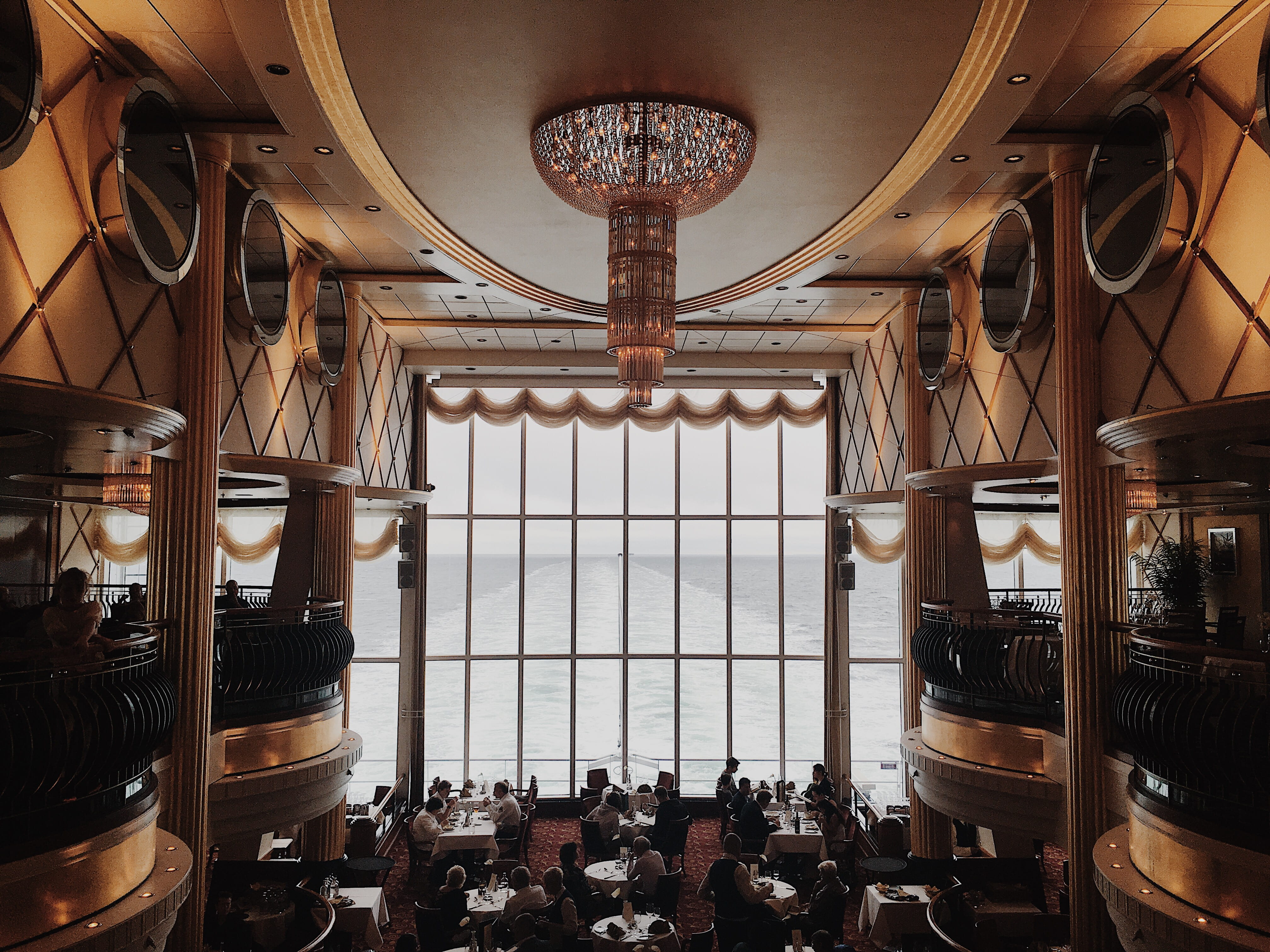 ornate, arrangement, table, indoors, day, architecture, restaurant interior, arts culture and entertainment, 4K, chandelier, building interior, people, HD Wallpaper